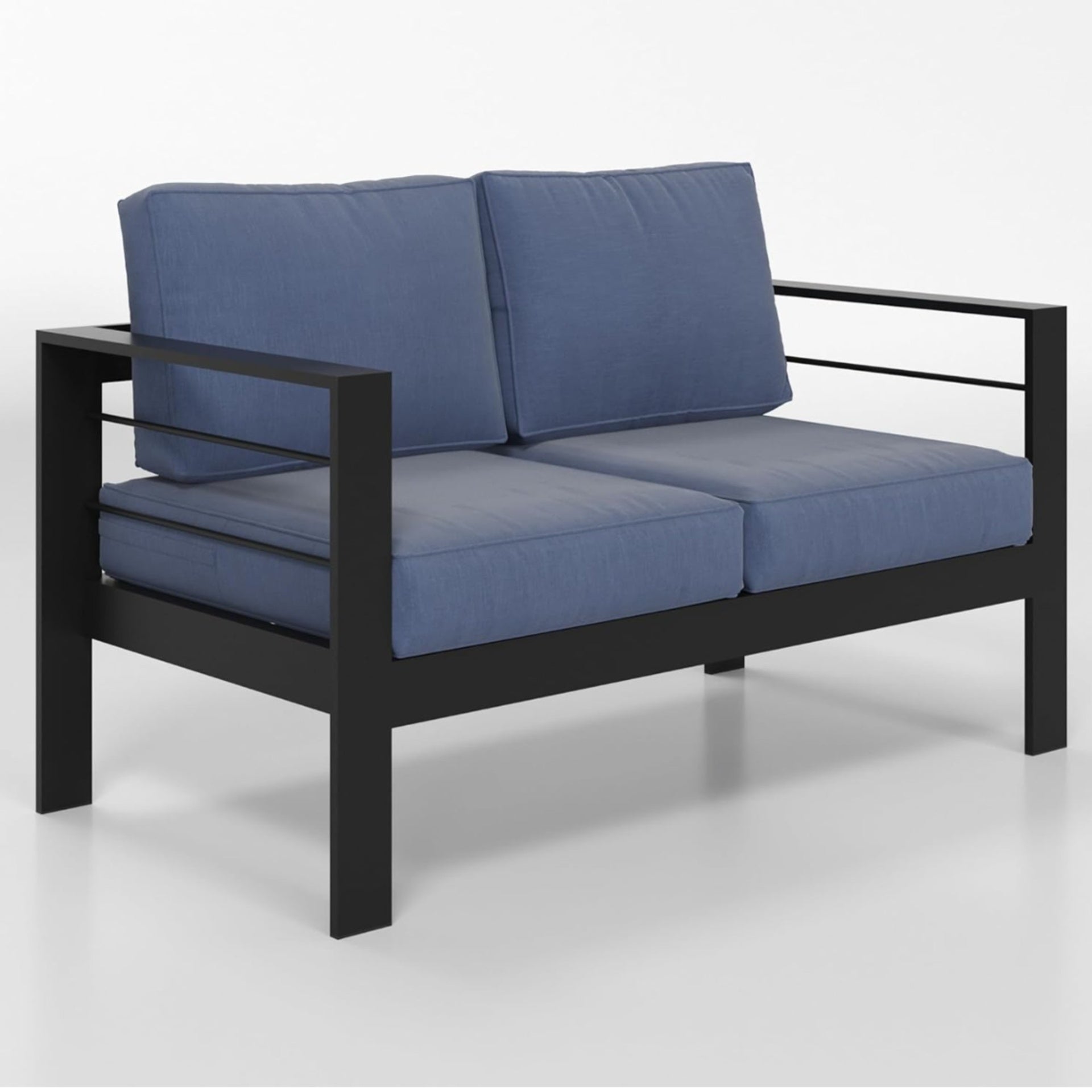50" All-Weather Aluminum Patio Loveseat with Thick Blue Cushions & Black Frame