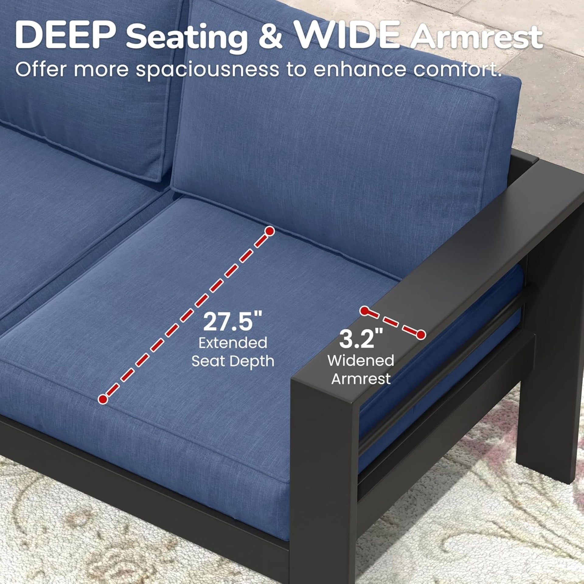 50" All-Weather Aluminum Patio Loveseat with Thick Blue Cushions & Black Frame