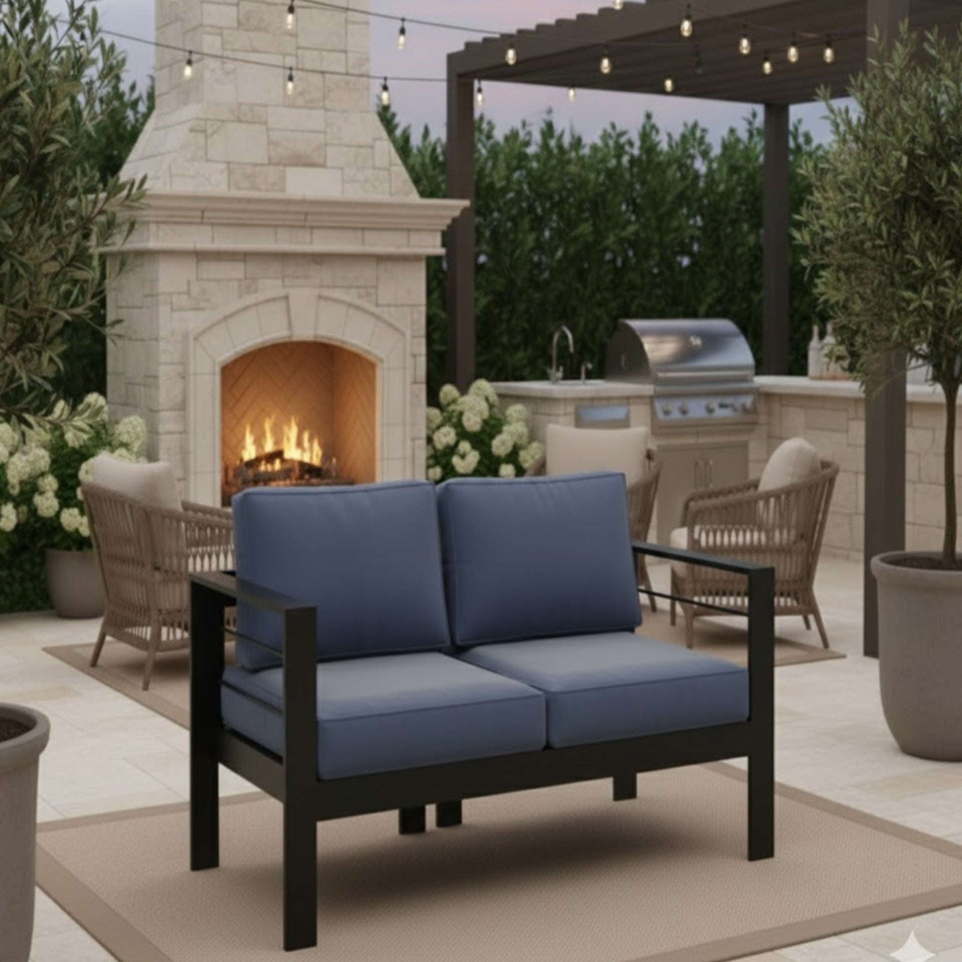 50" All-Weather Aluminum Patio Loveseat with Thick Blue Cushions & Black Frame