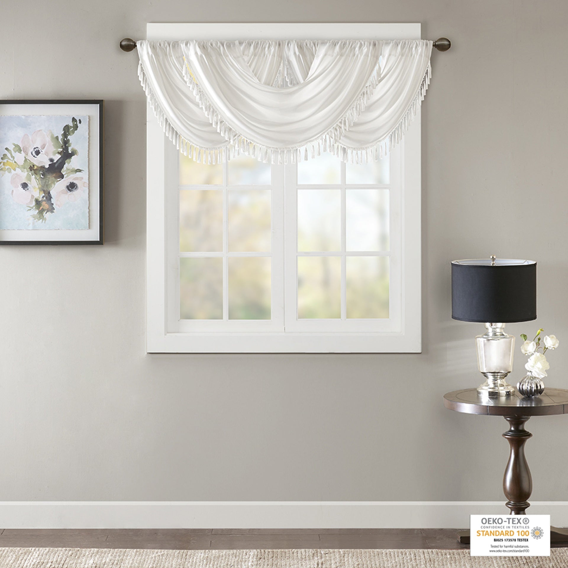 Faux Silk Waterfall Embellished Valance White 38x46"