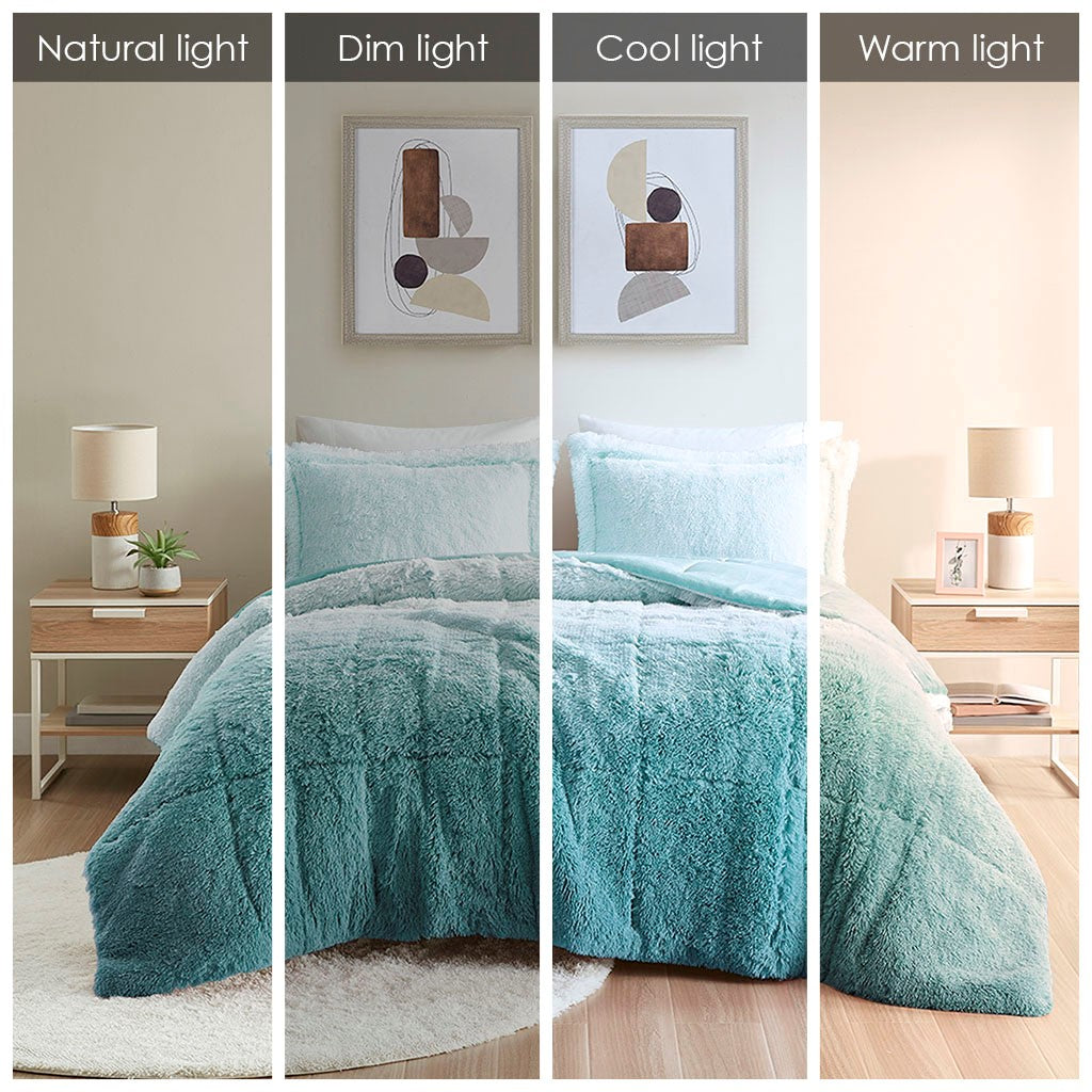 Full/Queen Ombre Shaggy Long Fur Comforter Mini Set