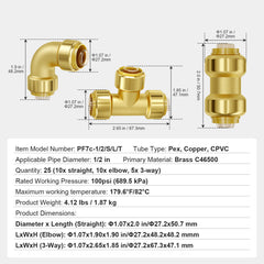 Pipe Fittings 1/2" 25PCS (Straight,Elbows,Tees) Push-Fit for Air System
