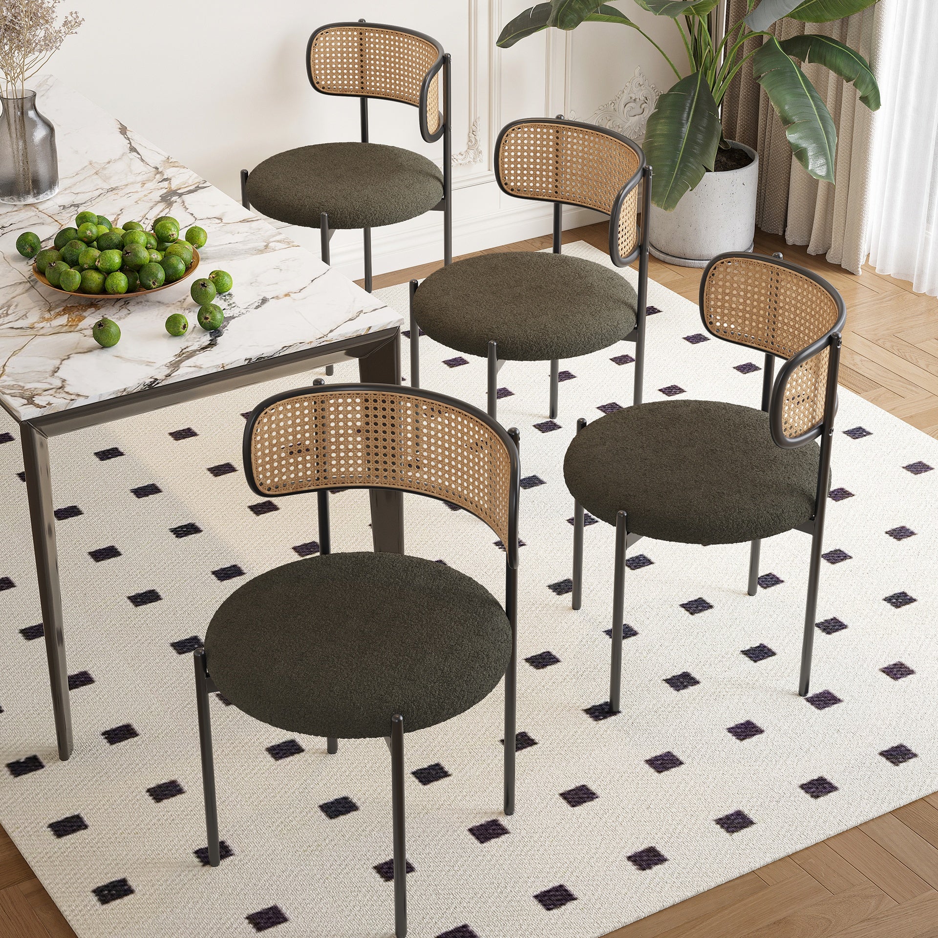 Modern Upholstered Dining Chairs Set of 2,Rattan Back Dining Room Chairs,Accent Kitchen Chairs with Metal Legs