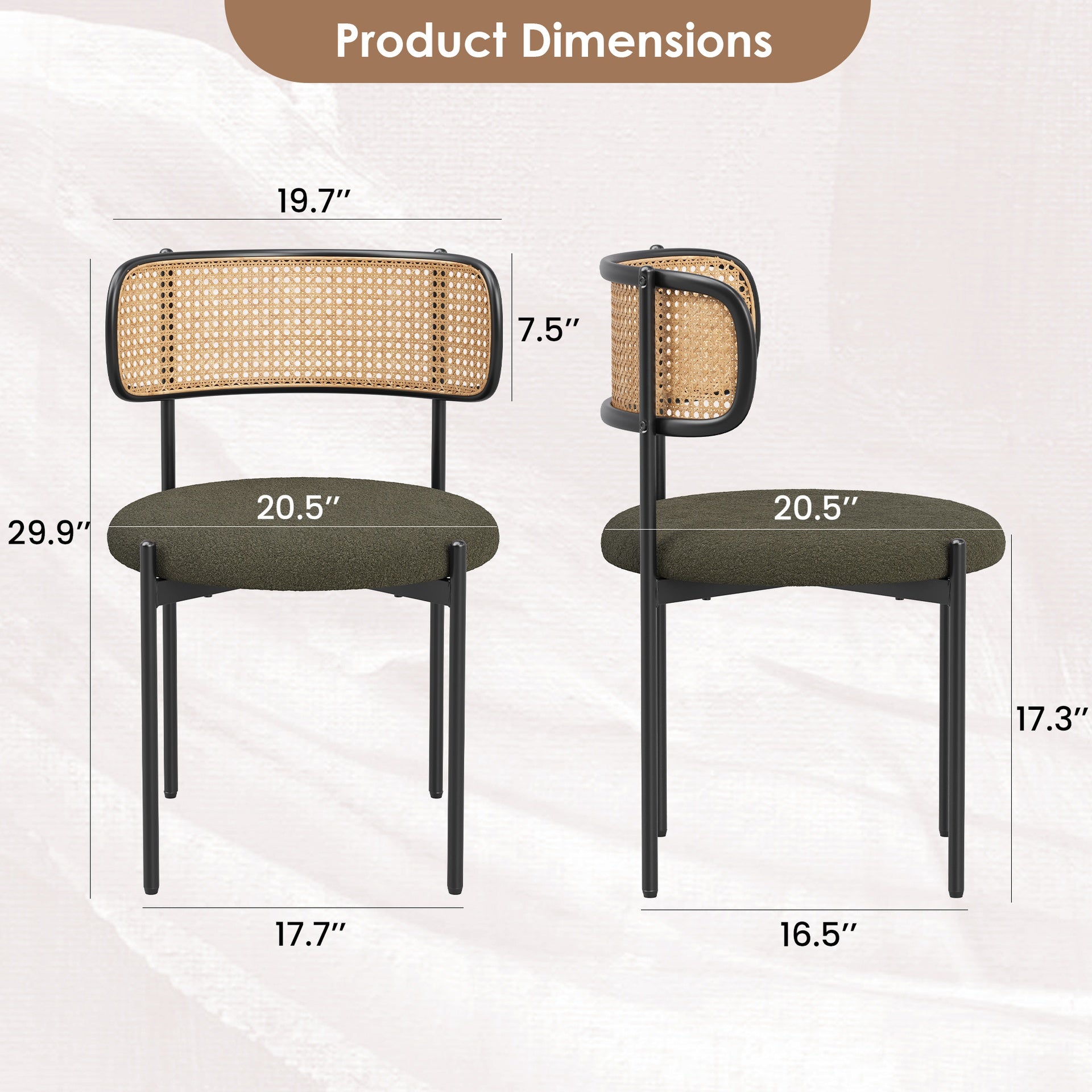 Modern Upholstered Dining Chairs Set of 2,Rattan Back Dining Room Chairs,Accent Kitchen Chairs with Metal Legs