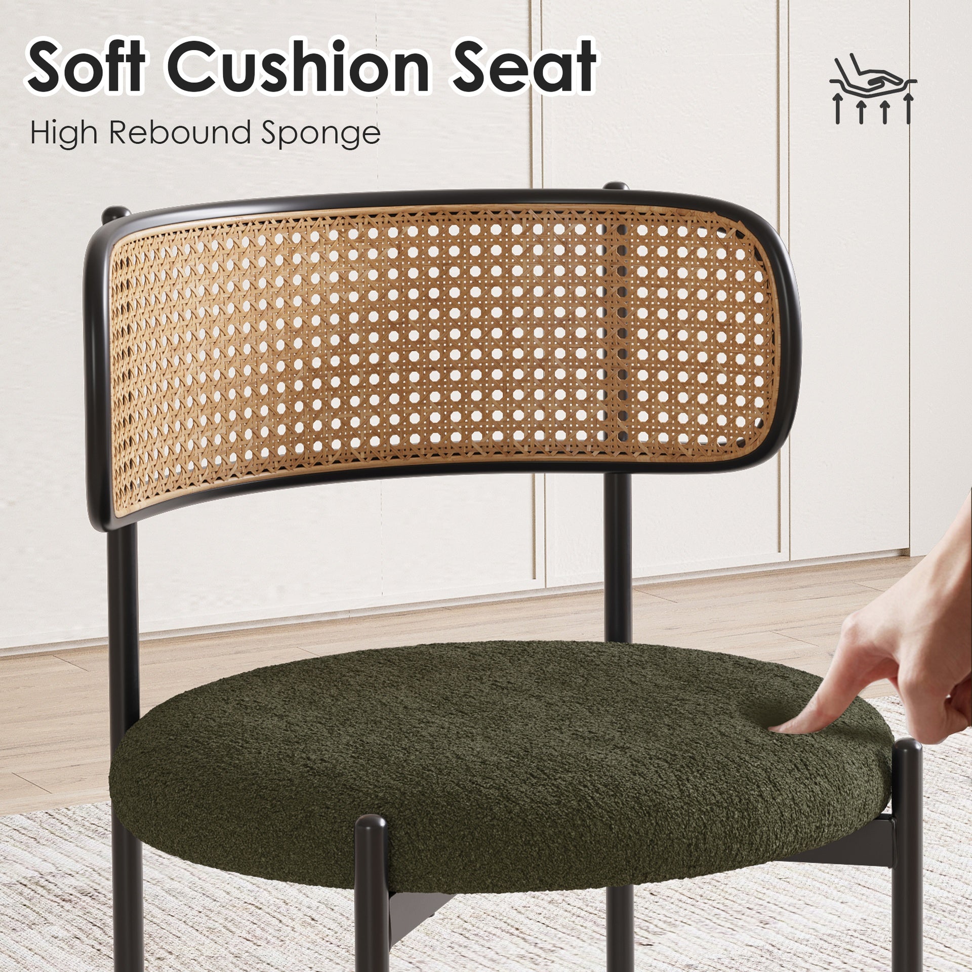 Modern Upholstered Dining Chairs Set of 2,Rattan Back Dining Room Chairs,Accent Kitchen Chairs with Metal Legs
