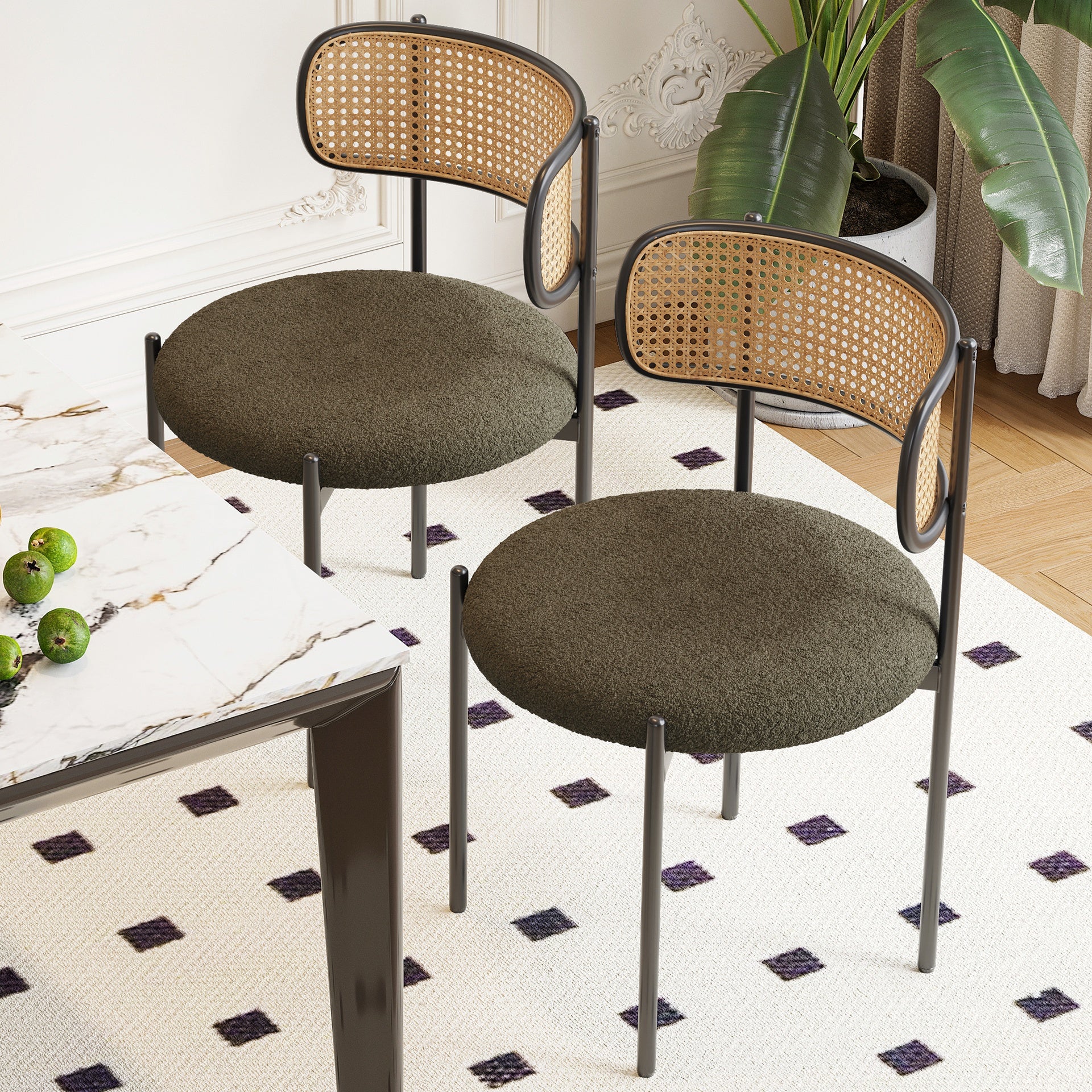 Modern Upholstered Dining Chairs Set of 2,Rattan Back Dining Room Chairs,Accent Kitchen Chairs with Metal Legs