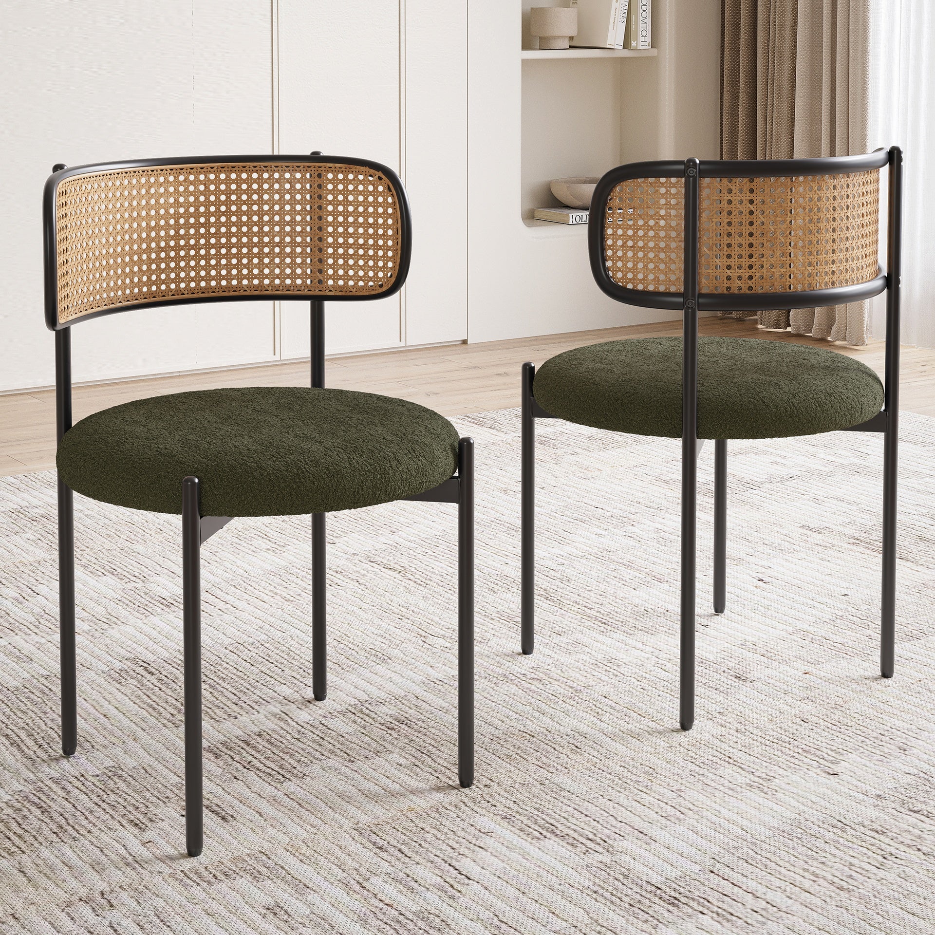 Modern Upholstered Dining Chairs Set of 2,Rattan Back Dining Room Chairs,Accent Kitchen Chairs with Metal Legs