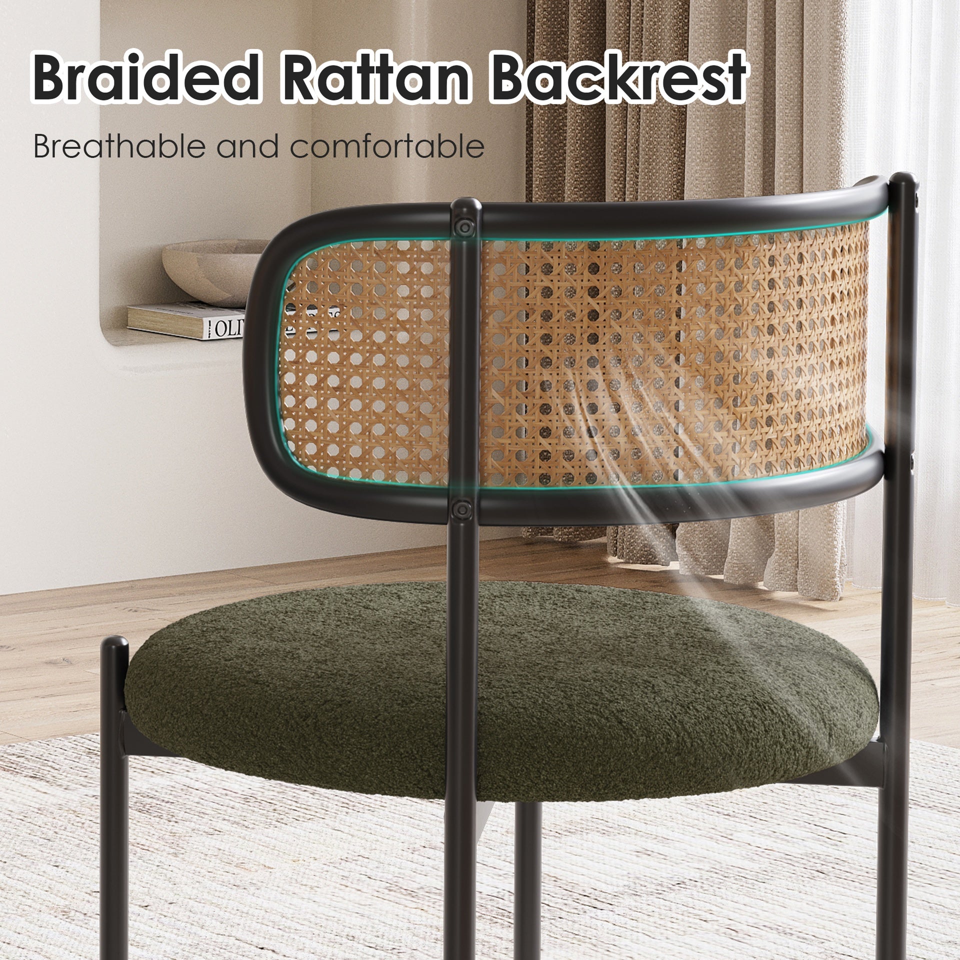 Modern Upholstered Dining Chairs Set of 2,Rattan Back Dining Room Chairs,Accent Kitchen Chairs with Metal Legs