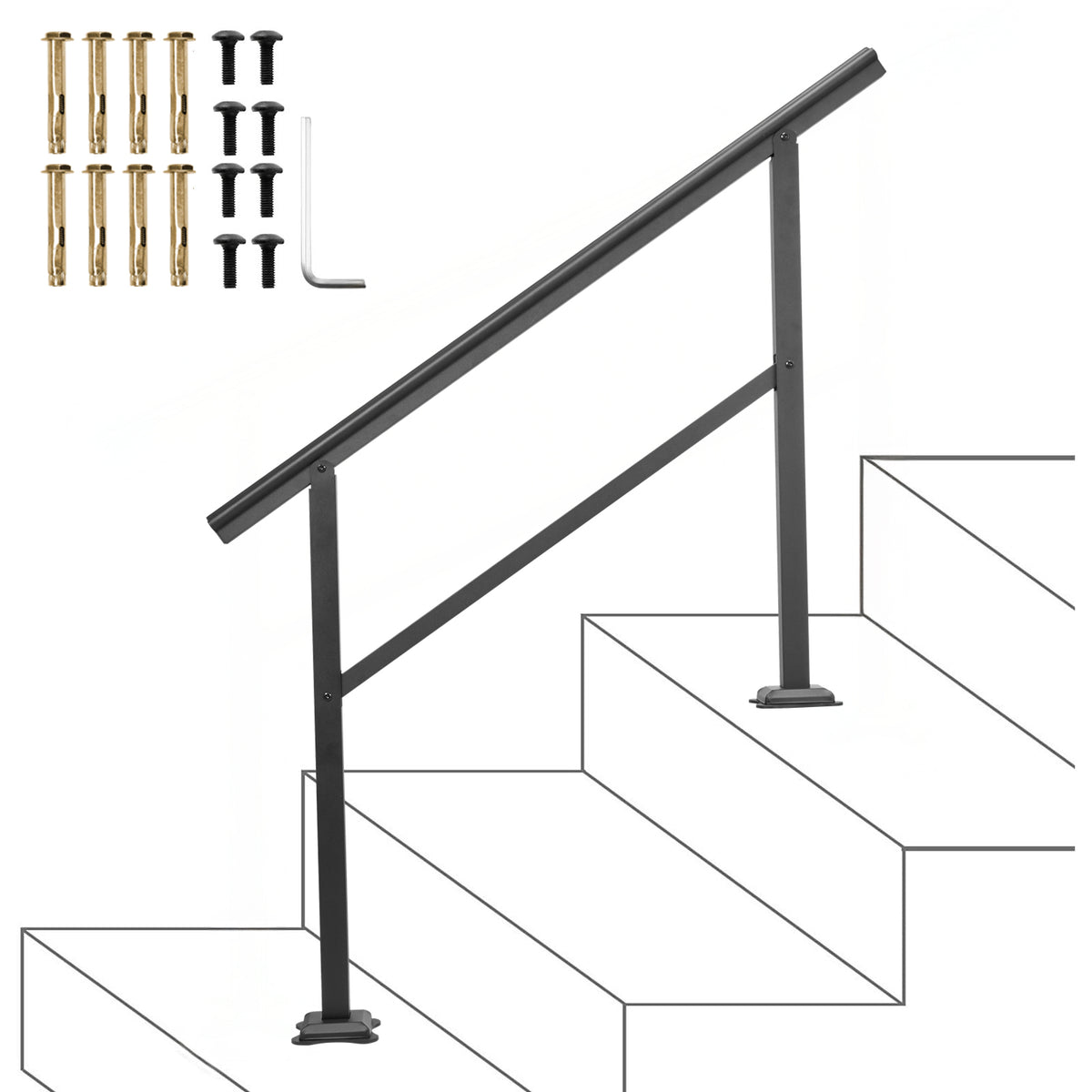 Handrail Outdoor Stairs 47.6 X 35.2 Inch Outdoor Handrail Outdoor Stair Railing Adjustable from 0 to 30 Degrees Handrail for Stairs Outdoor Aluminum Black Stair Railing Fit 3-4 Steps