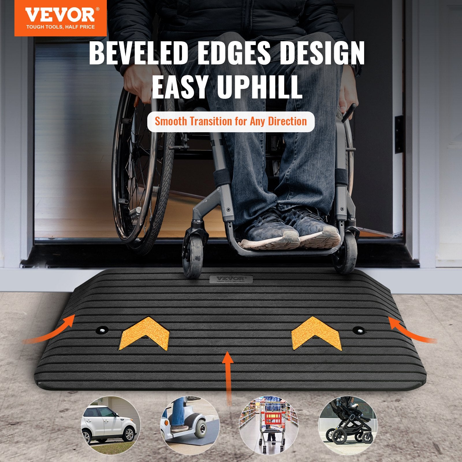 Upgraded Rubber Threshold Ramp, 3" Rise Door Ramp with 1 Channel, Natural Rubber Car Ramp with Non-Slip Textured Surface, 33069 lbs Load Capacity Curb Ramp for Wheelchair and Scooter