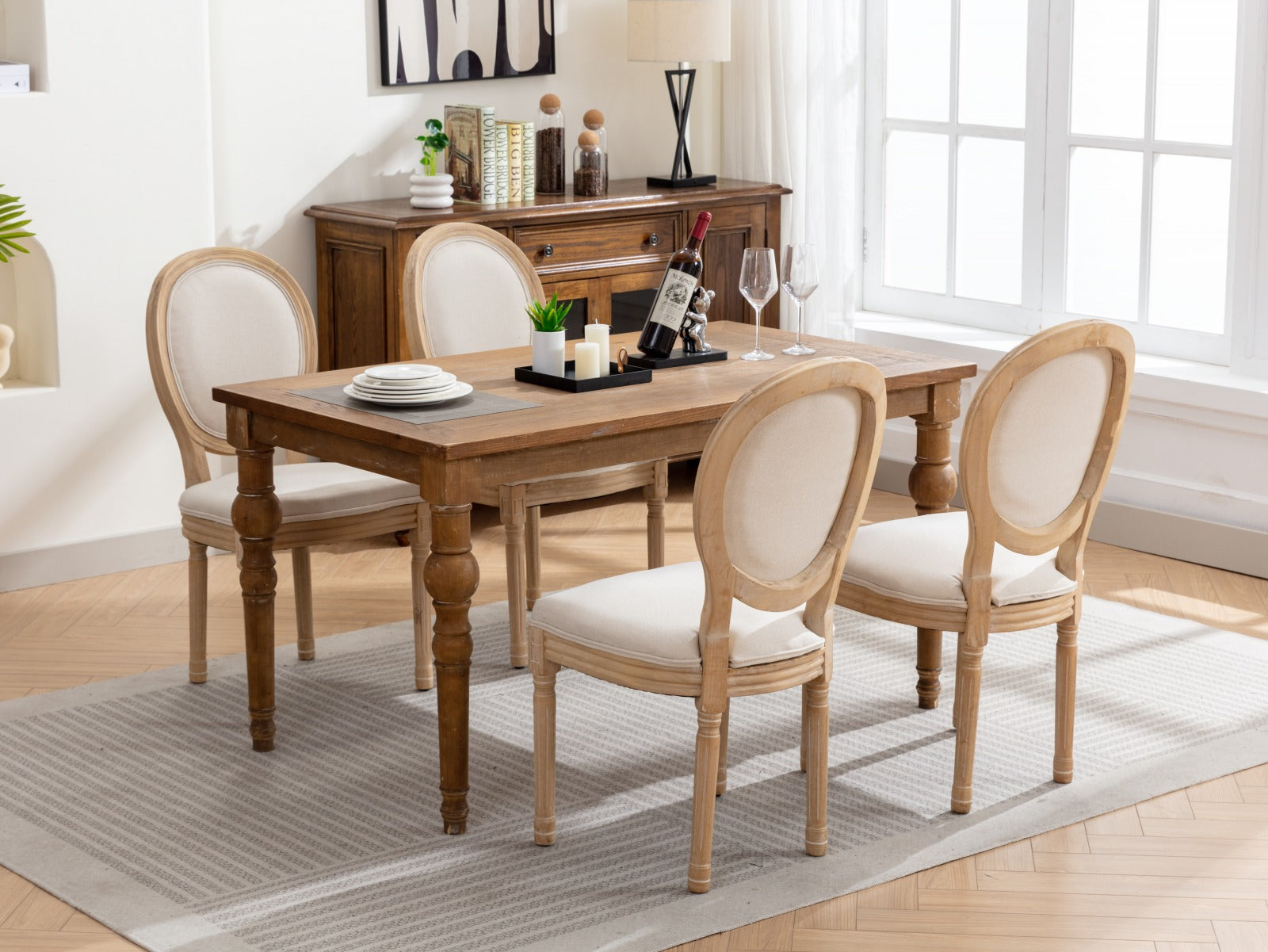 A&A Furniture,French Style Solid Wood Frame Antique Painting Linen Fabric Back Dining Chair,Set of 2,Beige,SW1845BG