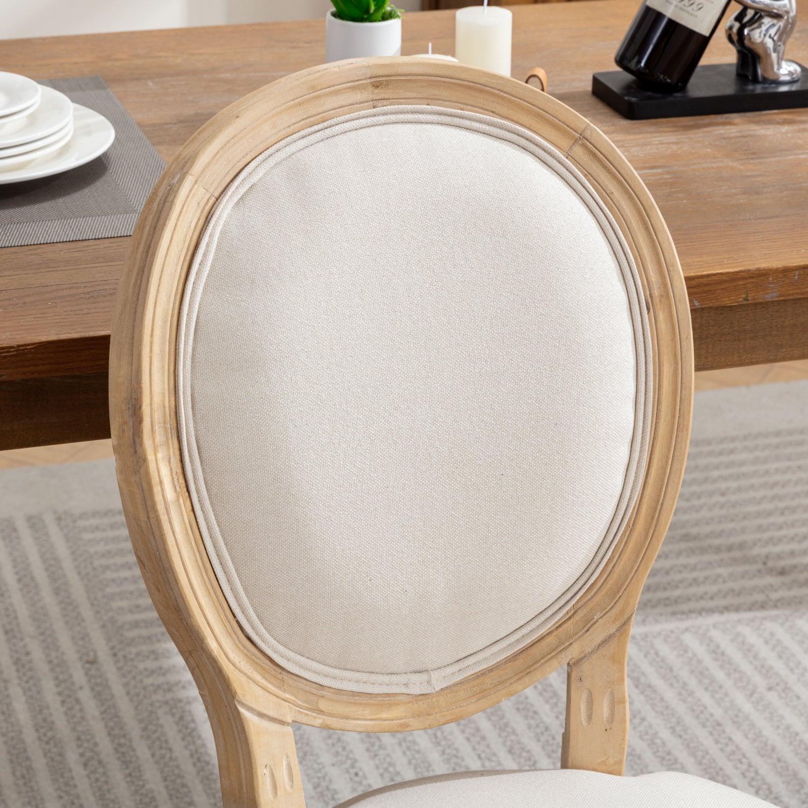 A&A Furniture,French Style Solid Wood Frame Antique Painting Linen Fabric Back Dining Chair,Set of 2,Beige,SW1845BG