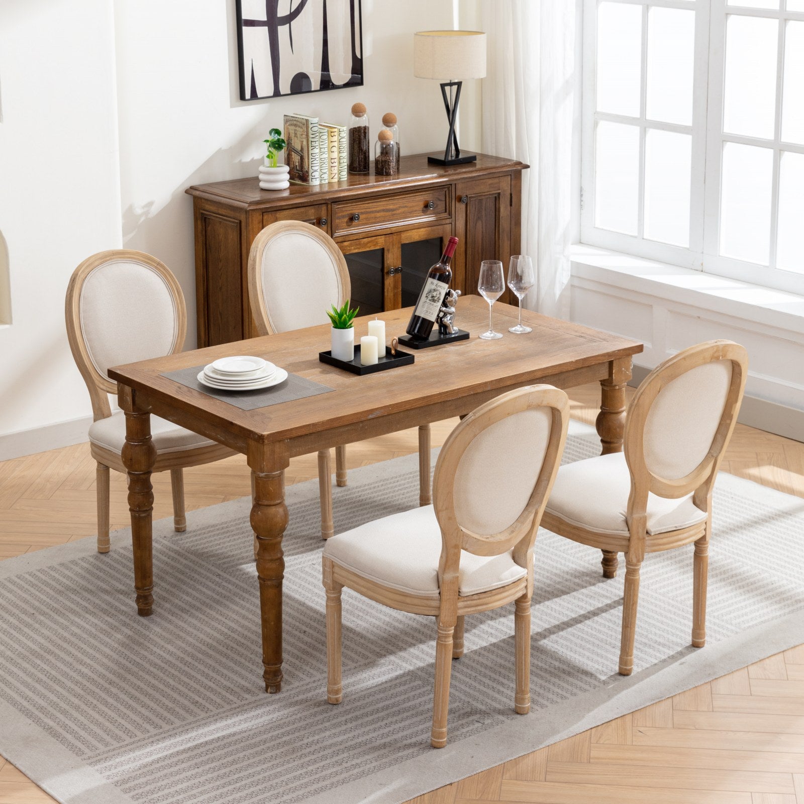 A&A Furniture,French Style Solid Wood Frame Antique Painting Linen Fabric Back Dining Chair,Set of 2,Beige,SW1845BG