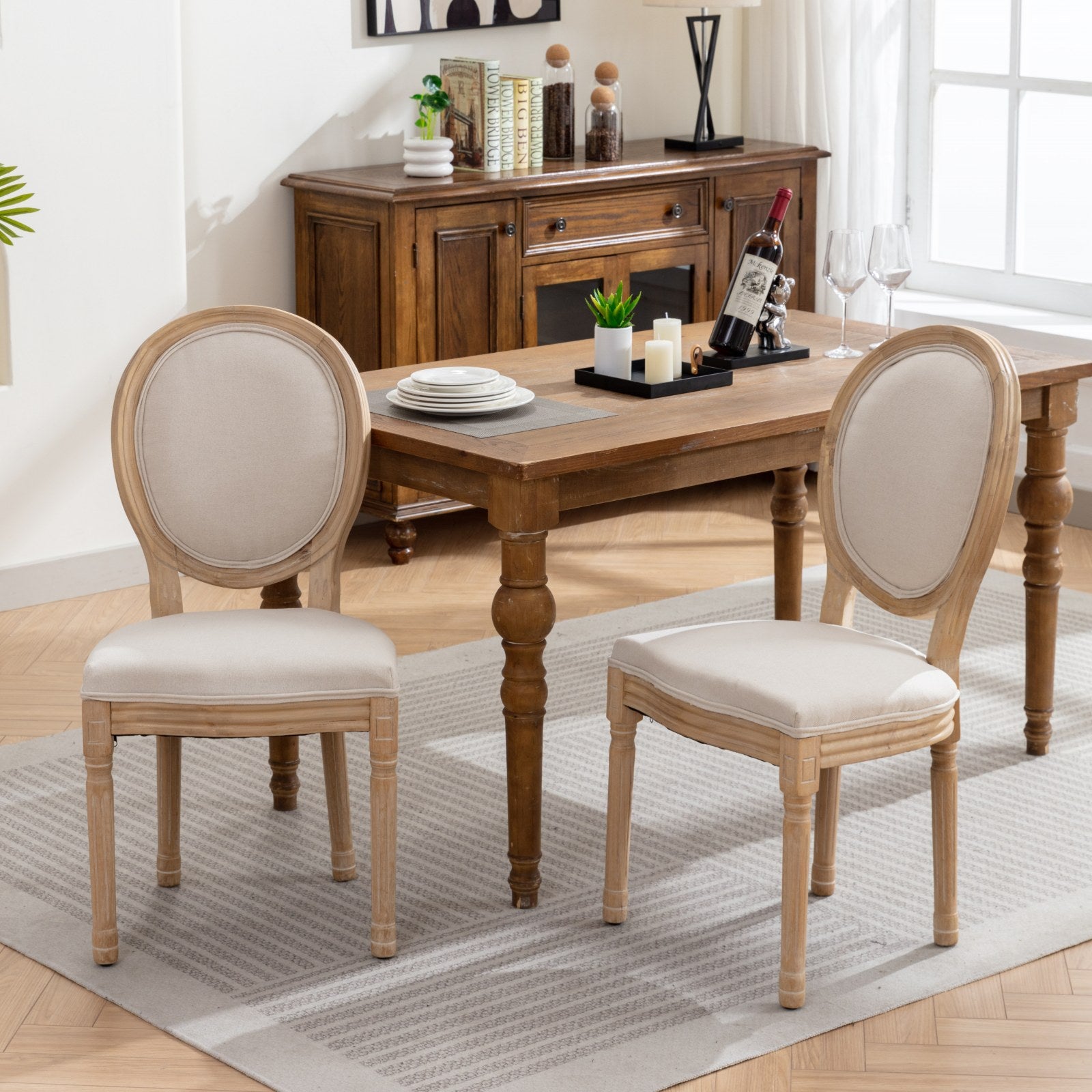 A&A Furniture,French Style Solid Wood Frame Antique Painting Linen Fabric Back Dining Chair,Set of 2,Beige,SW1845BG