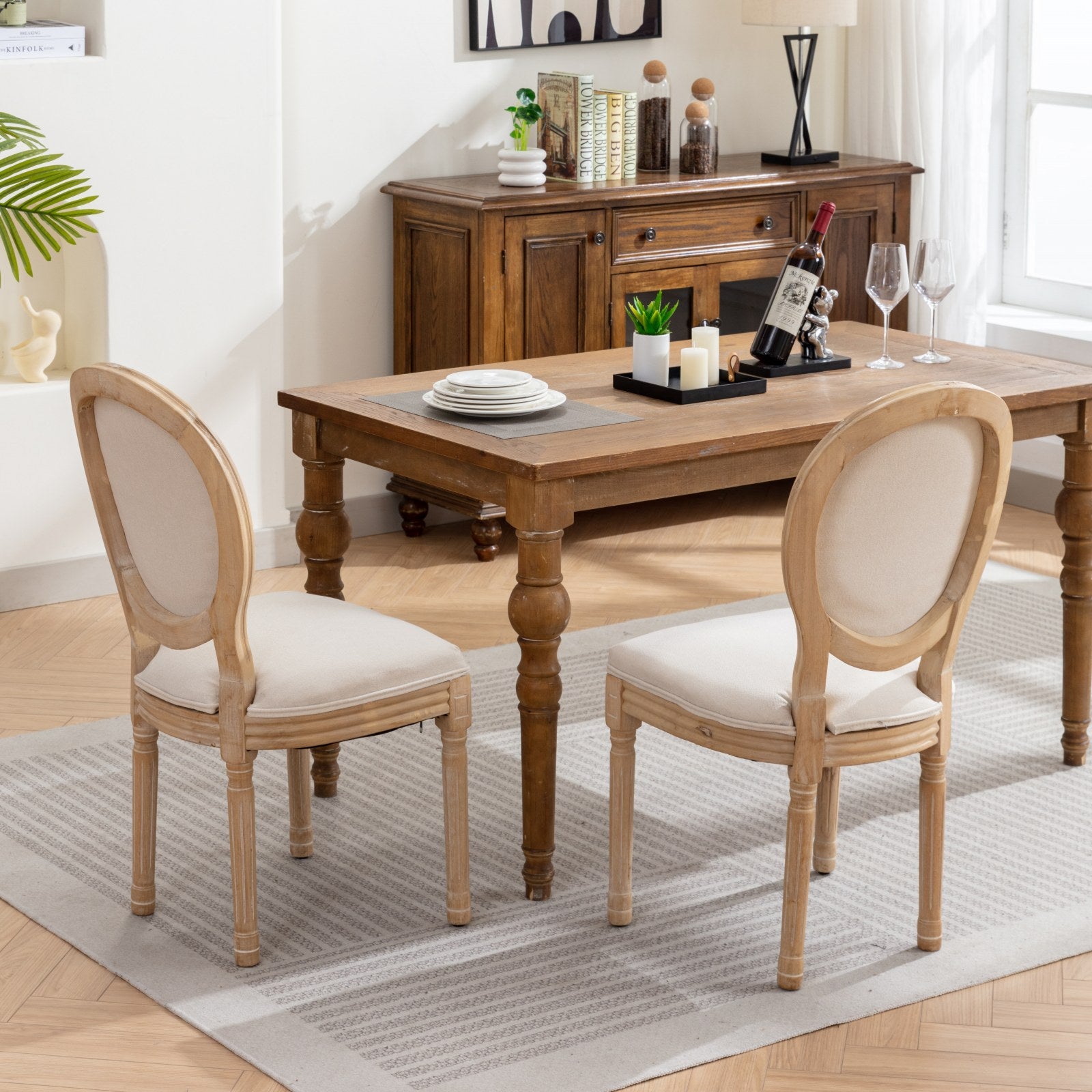 A&A Furniture,French Style Solid Wood Frame Antique Painting Linen Fabric Back Dining Chair,Set of 2,Beige,SW1845BG