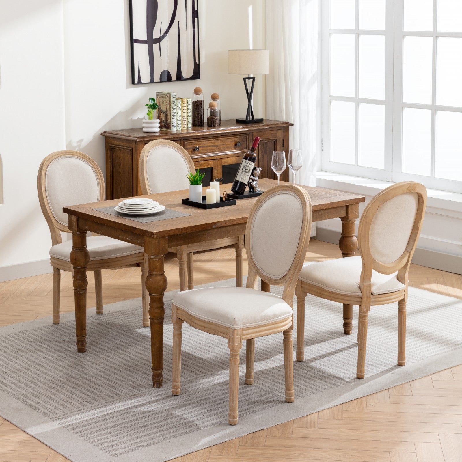 A&A Furniture,French Style Solid Wood Frame Antique Painting Linen Fabric Back Dining Chair,Set of 2,Beige,SW1845BG