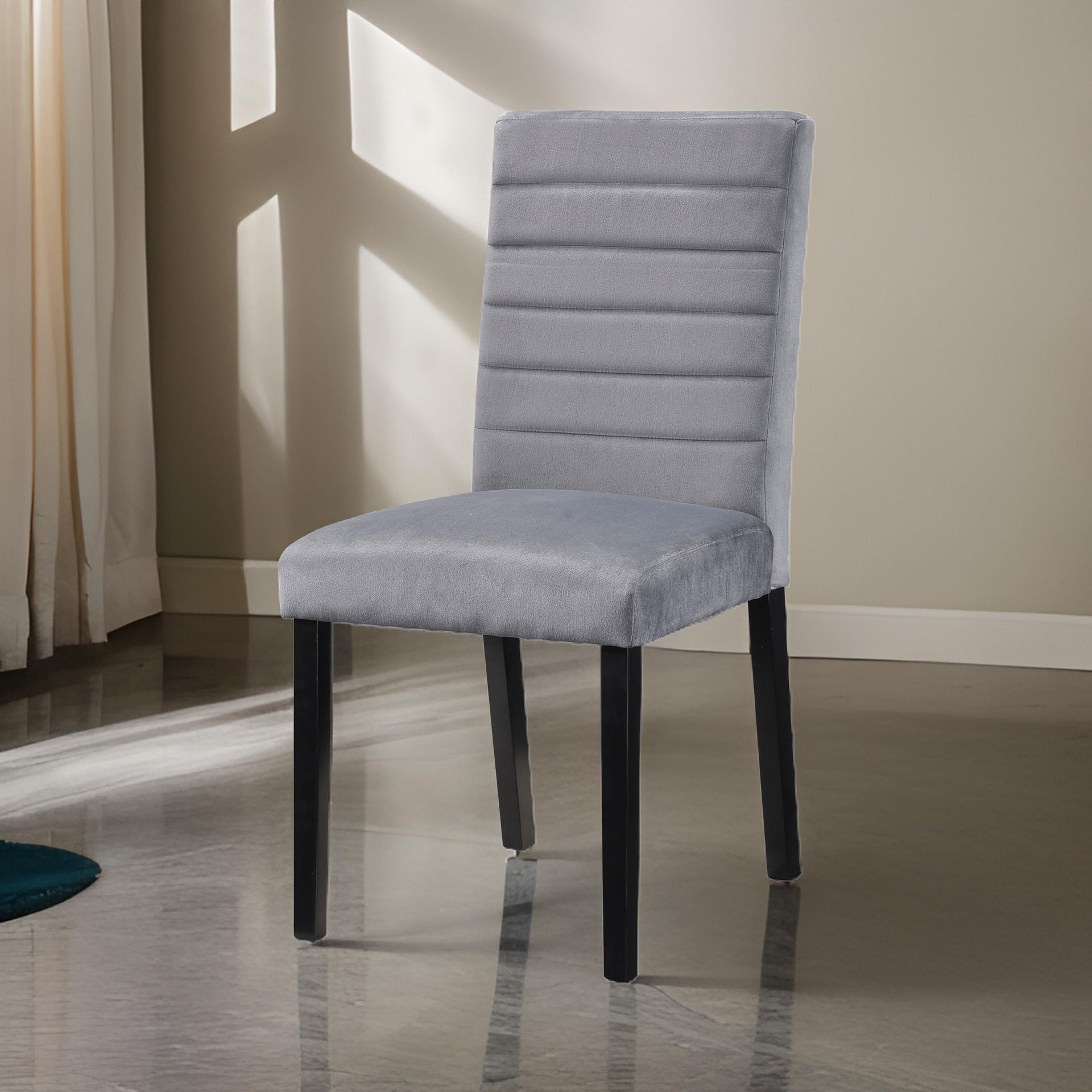 Andy 18 Inch Side Dining Chairs Set of 2, Channel Tufted Gray Velvet, Black Wood