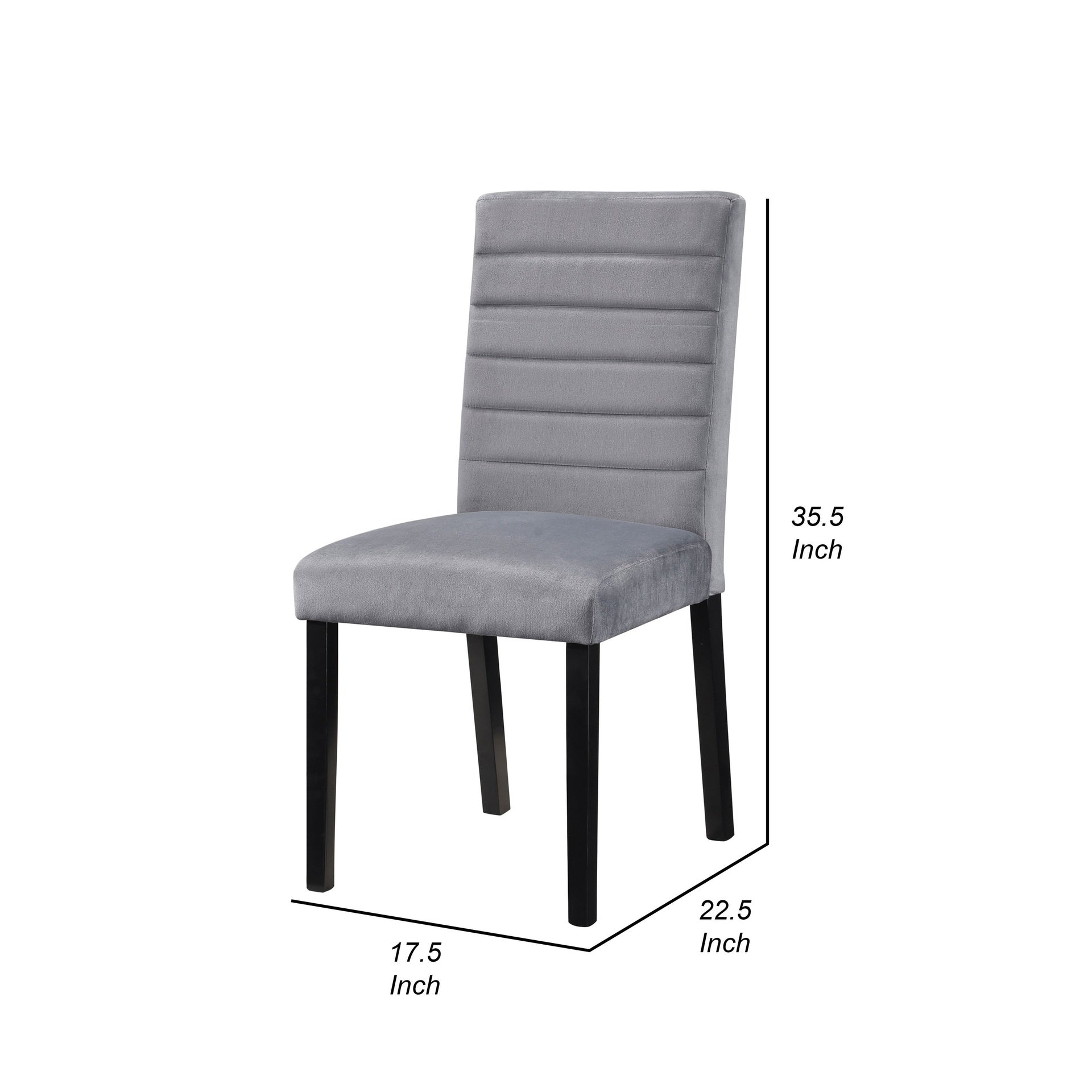 Andy 18 Inch Side Dining Chairs Set of 2, Channel Tufted Gray Velvet, Black Wood