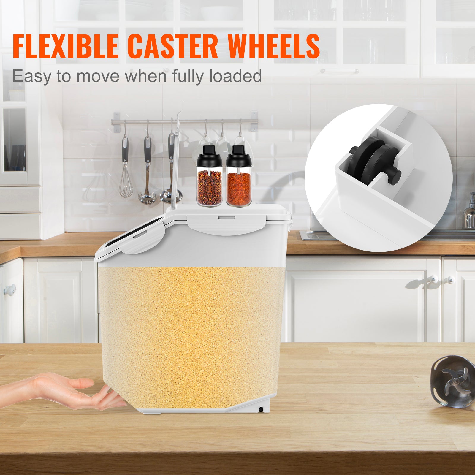 Ingredient Storage Bin, 2 x 15L Dispenser Bin with 2 Measuring Cups, Attachable Casters and Airtight Lid, 2 Pcs/Set Dog Pet Food Storage Container, PP Material Kitchen Rice Cereal Flour Bin