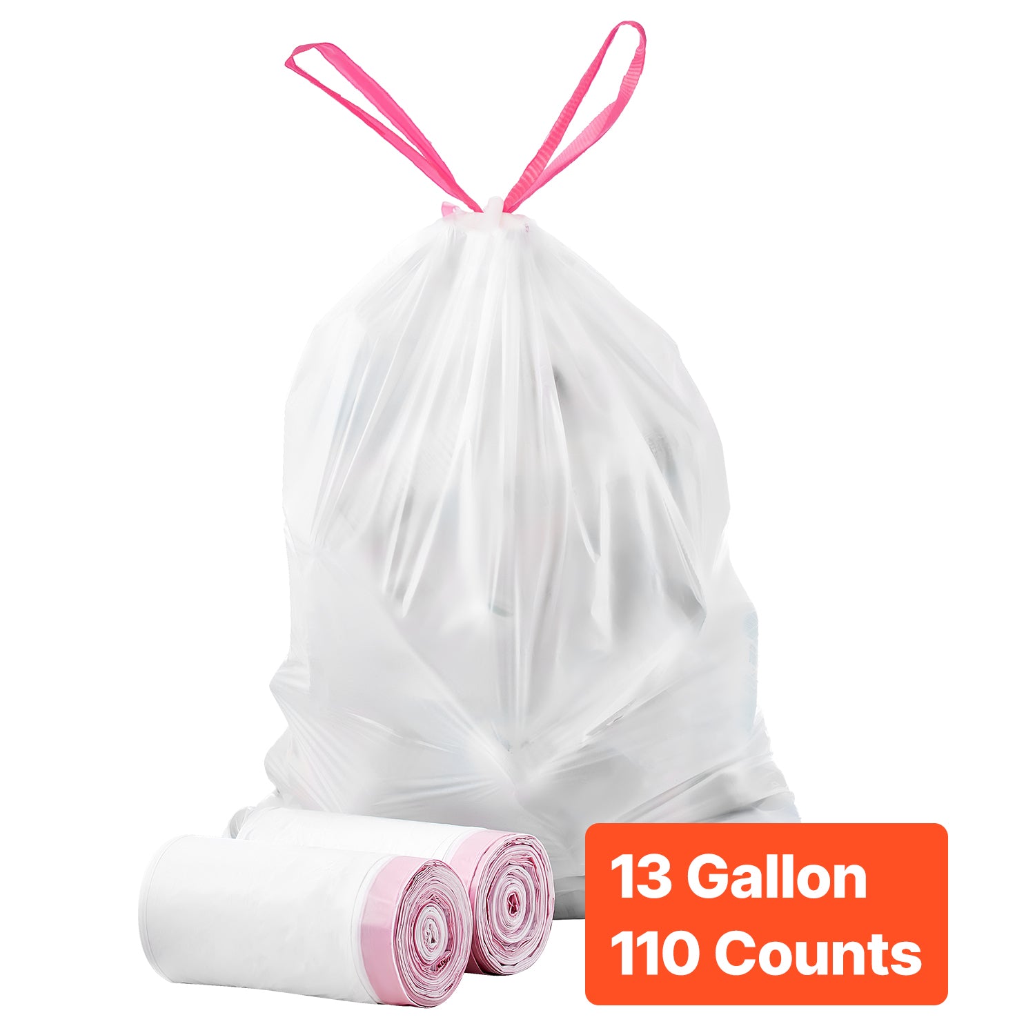 Drawstring Trash Bags, 13 Gallon 110 Count Tall Kitchen Trash Bags, Extra Thick Fresh Scent Garbage Bag, Recyclable Bin Bag with Drawstrings, for Home Kitchen, Office, RV and Camping (White)