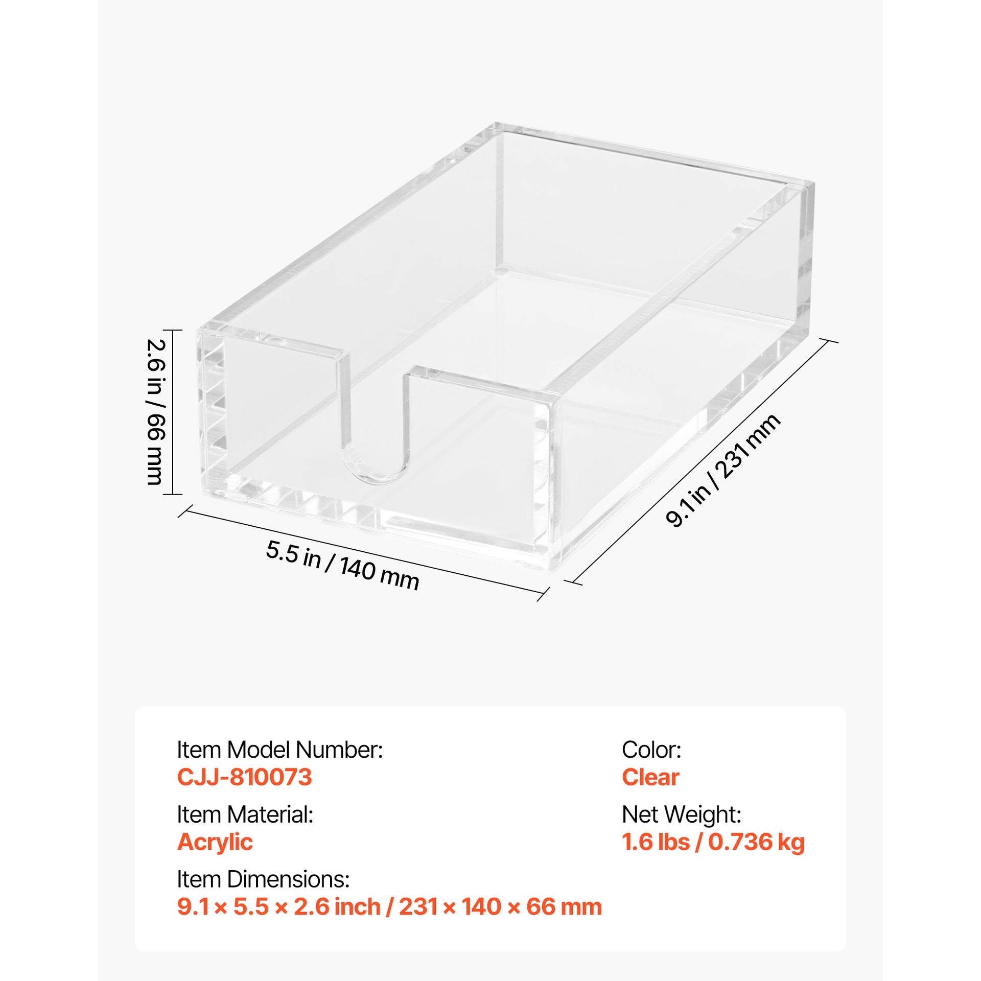 Acrylic Napkin Holder, 9.1 x 5.5 x 2.6 inch, Clear Bathroom Guest Towel Storage Tray with U-Shaped Opening, Disposable Paper Towel Holder for Bathroom Kitchen Parties Weddings & Various Events