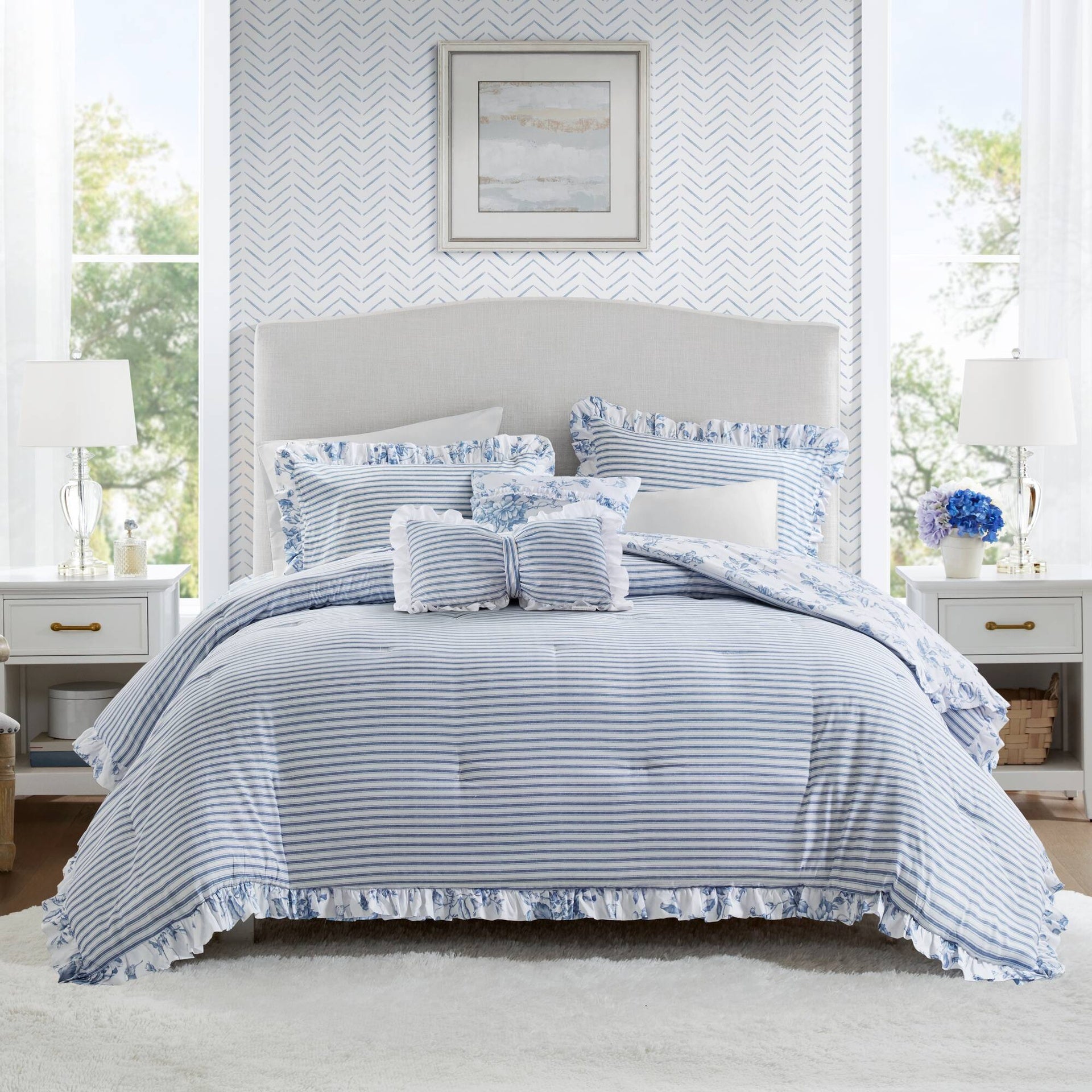 5 Pieces Full/Queen Comforter Set with Decorative Pillows,Blue