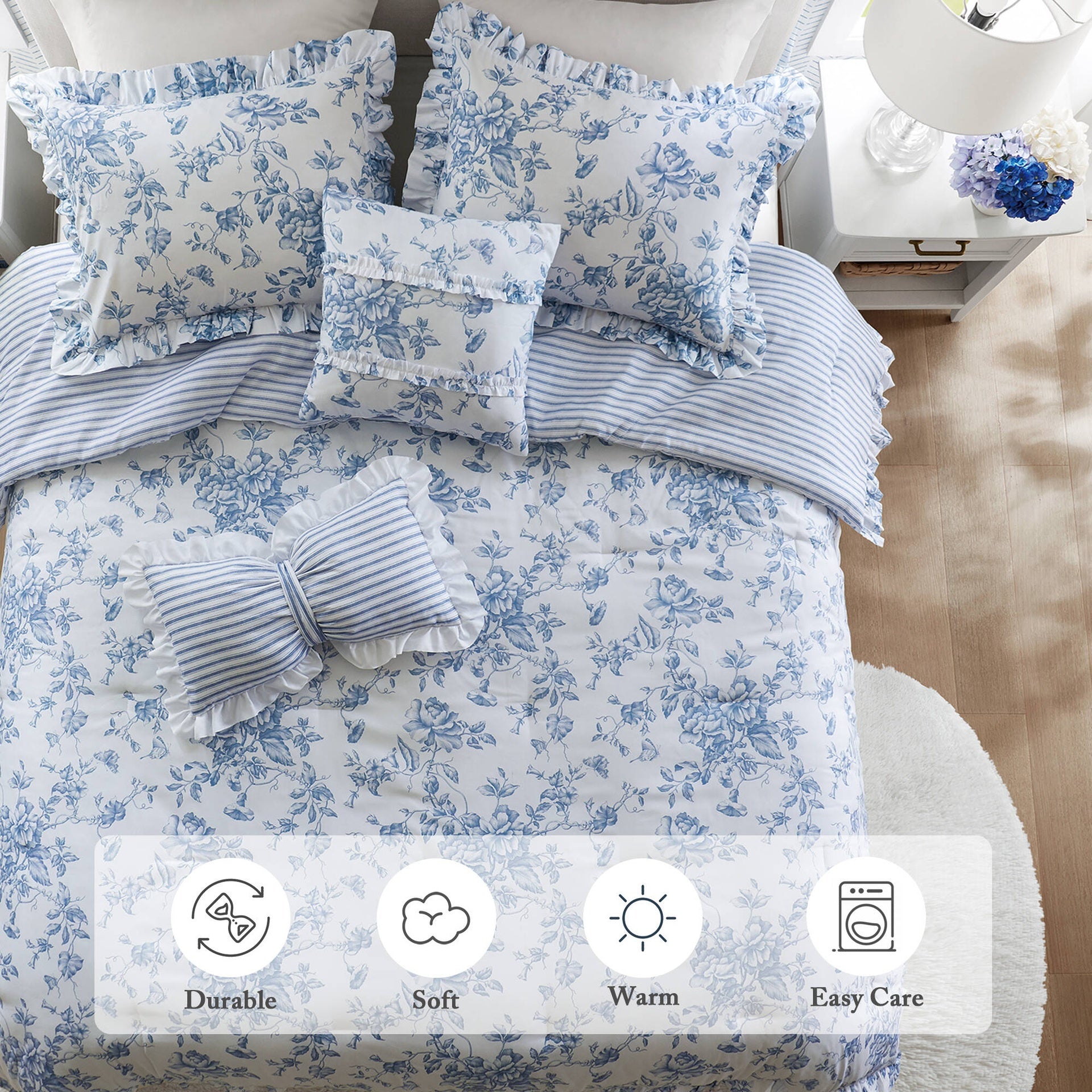 5 Pieces Full/Queen Comforter Set with Decorative Pillows,Blue