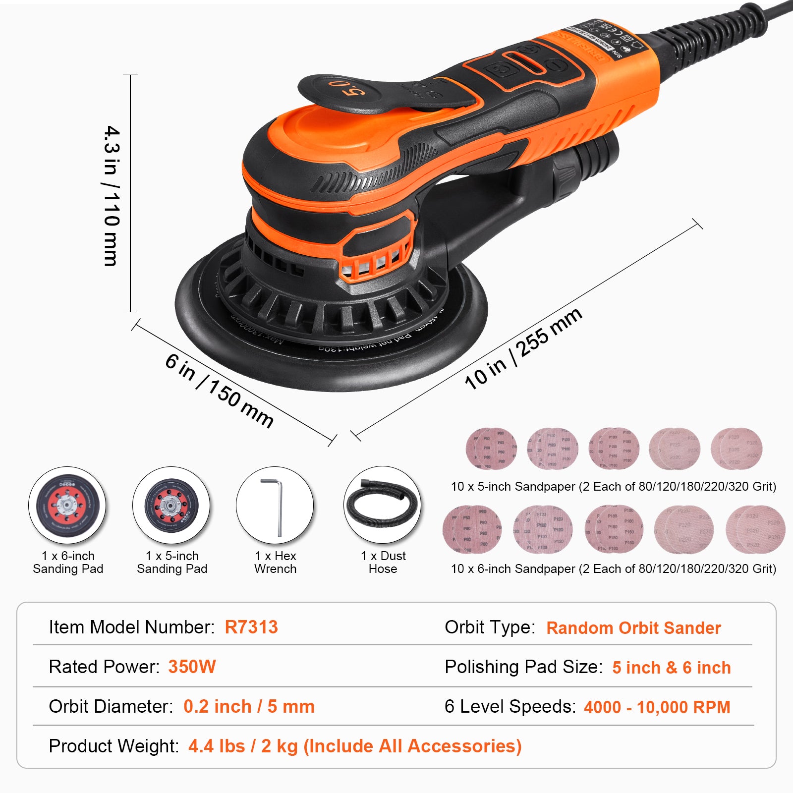 Random Orbital Sander 5" & 6" Brushless Orbital Sander Sander 10000PRM 6 Speed
