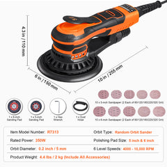Random Orbital Sander 5" & 6" Brushless Orbital Sander Sander 10000PRM 6 Speed
