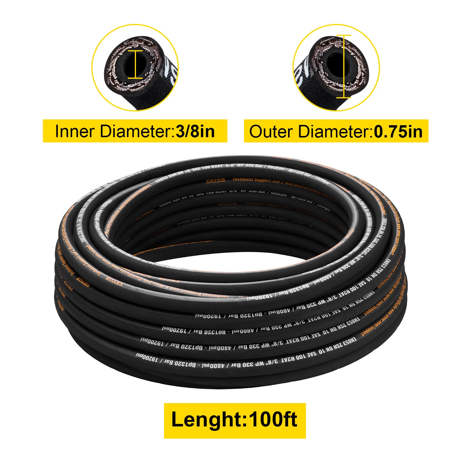Hydraulic Hose 3/8 inch x 100 ft, Coiled Hydraulic Hose 4800 PSI, Rubber Hydraulic Hose with 2 High-Tensile Steel Wire Braid, Bulk Hydraulic Hose -20°C to 140°C, Hydraulic Oil Flexible Hose