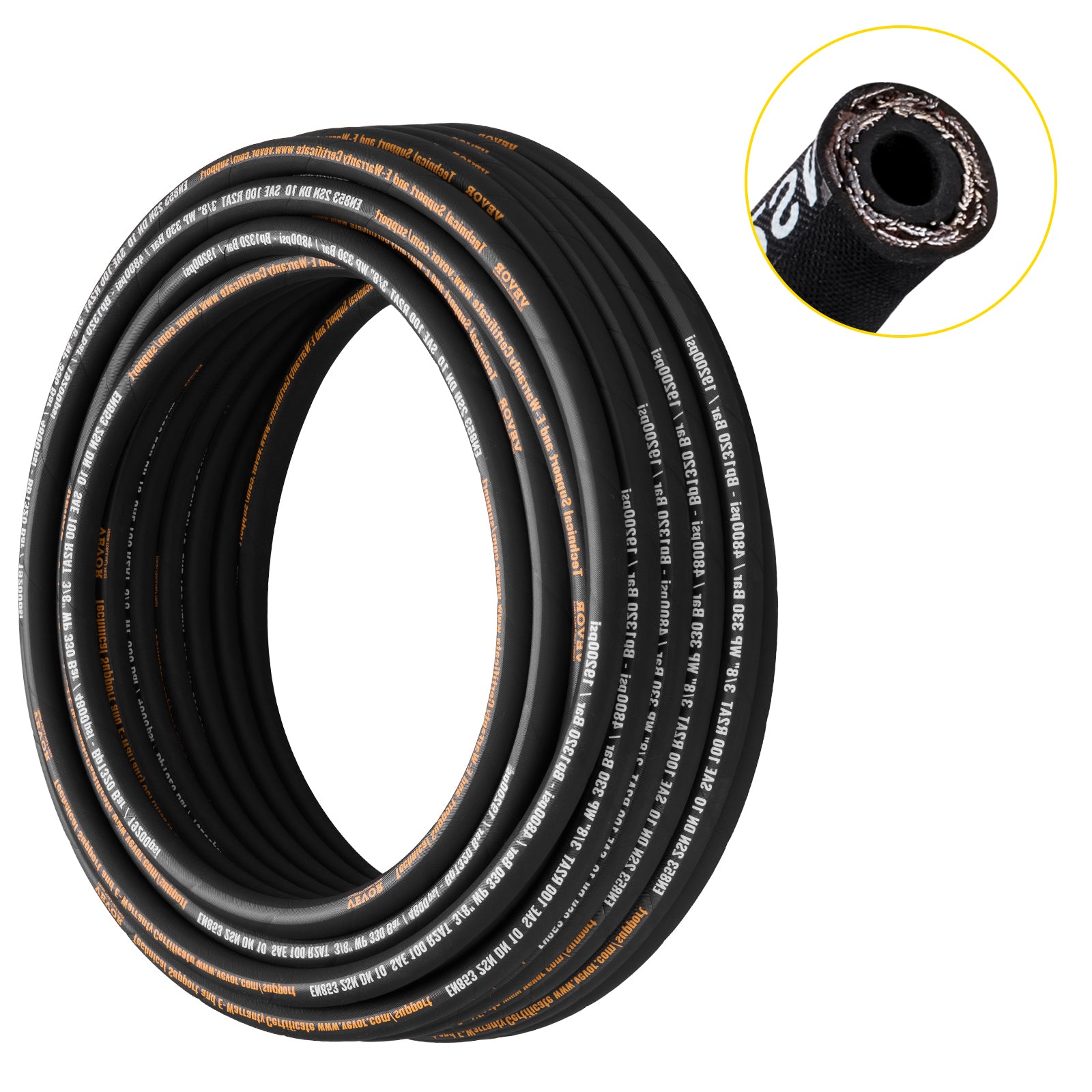 Hydraulic Hose 3/8 inch x 100 ft, Coiled Hydraulic Hose 4800 PSI, Rubber Hydraulic Hose with 2 High-Tensile Steel Wire Braid, Bulk Hydraulic Hose -20°C to 140°C, Hydraulic Oil Flexible Hose