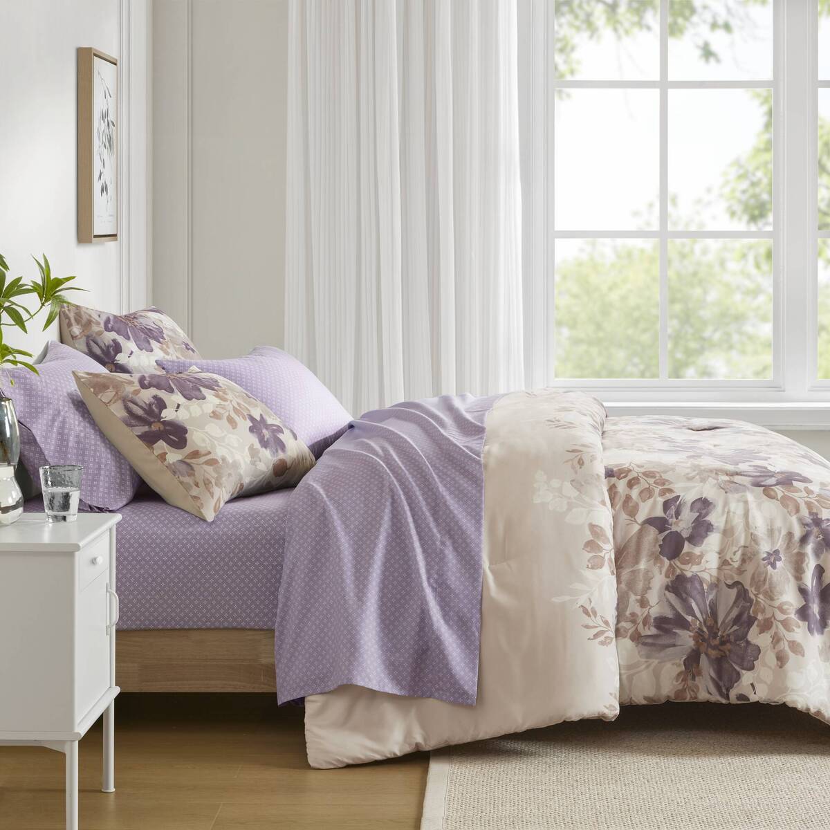 Floral Comforter Set with Bed Sheets Taupe Queen