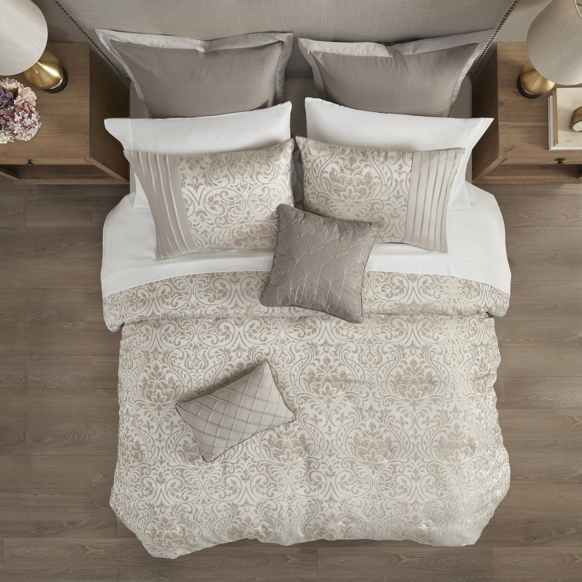12 Piece Jacquard Comforter Set with Bed Sheets Khaki King