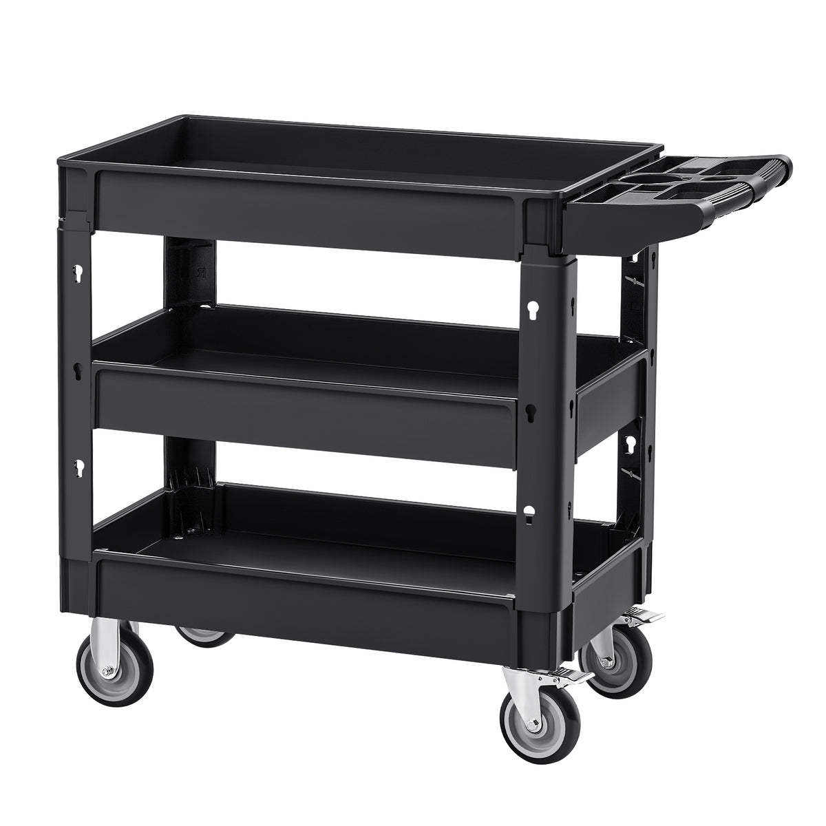 Utility Service Cart, 3 Shelf 550LBS Heavy Duty Plastic Rolling Utility Cart with 360° Swivel Wheels (2 with Brakes), Medium Lipped Shelf, Ergonomic Storage Handle for Warehouse/Garage/Cleaning