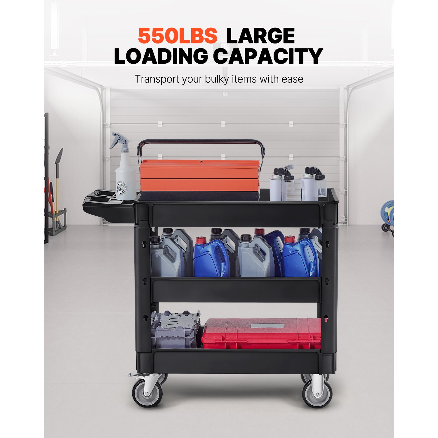 Utility Service Cart, 3 Shelf 550LBS Heavy Duty Plastic Rolling Utility Cart with 360° Swivel Wheels (2 with Brakes), Medium Lipped Shelf, Ergonomic Storage Handle for Warehouse/Garage/Cleaning