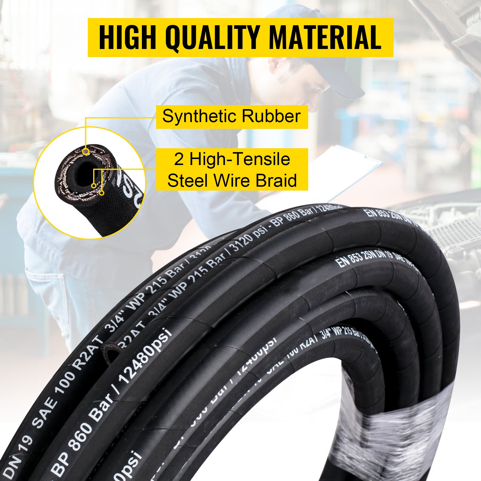 Hydraulic Hose 1/2 inch x 100 ft, Coiled Hydraulic Hose 4000 PSI, Rubber Hydraulic Hose with 2 High-Tensile Steel Wire Braid, Bulk Hydraulic Hose -20℃ to 140℃, Hydraulic Oil Flexible Hose