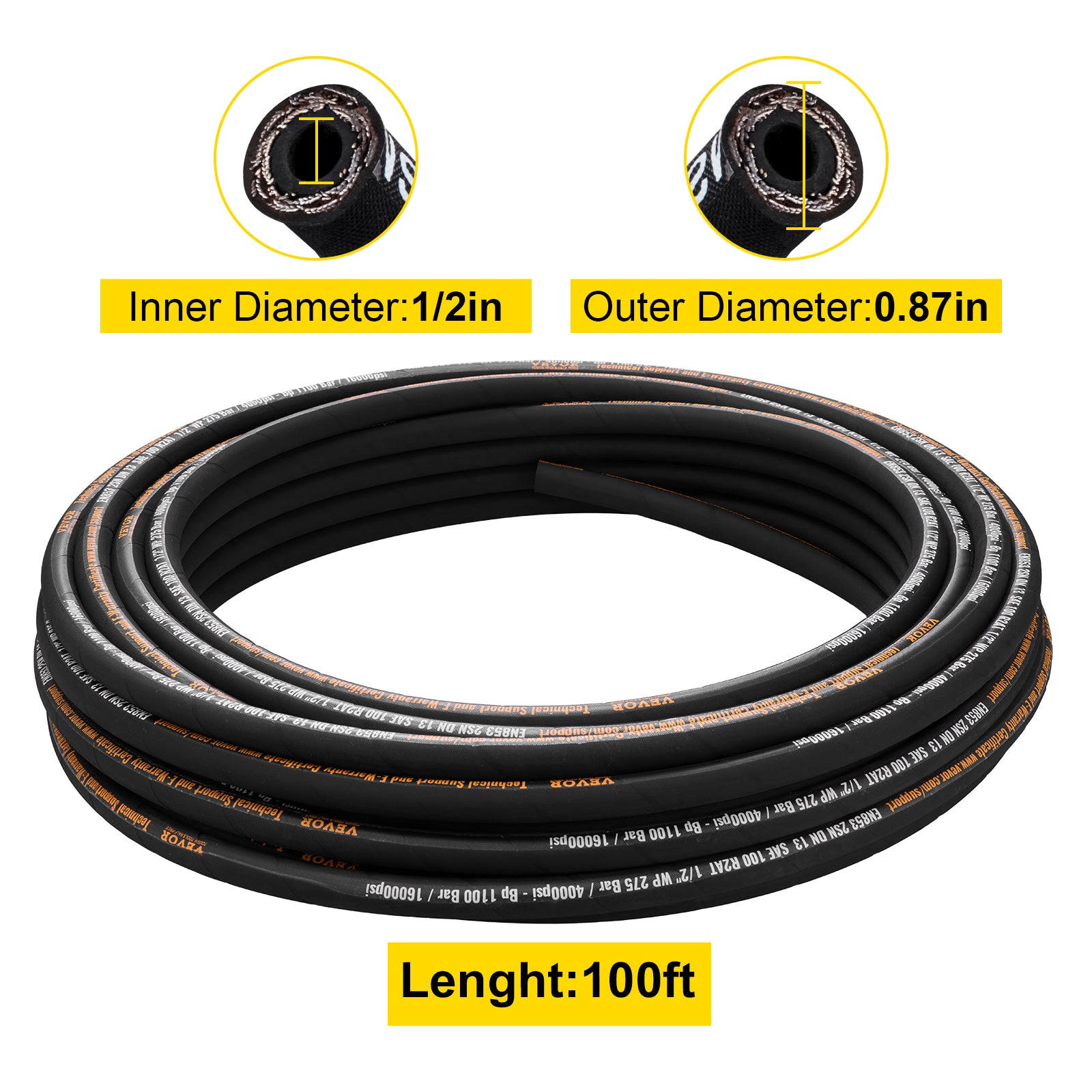 Hydraulic Hose 1/2 inch x 100 ft, Coiled Hydraulic Hose 4000 PSI, Rubber Hydraulic Hose with 2 High-Tensile Steel Wire Braid, Bulk Hydraulic Hose -20℃ to 140℃, Hydraulic Oil Flexible Hose