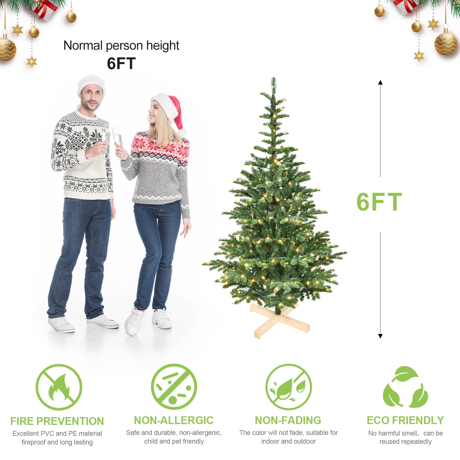 7ft Pre-Lit Christmas Tree with 400 Warm White LED Lights, 941 PE+PVC Tips, Realistic Layered Look, Unique Wooden Base – Full Artificial Holiday Tree for Home Decor