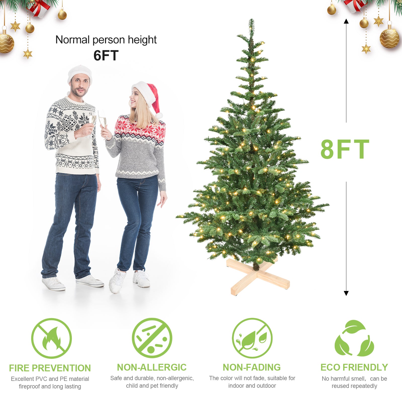 7ft Pre-Lit Christmas Tree with 400 Warm White LED Lights, 941 PE+PVC Tips, Realistic Layered Look, Unique Wooden Base – Full Artificial Holiday Tree for Home Decor