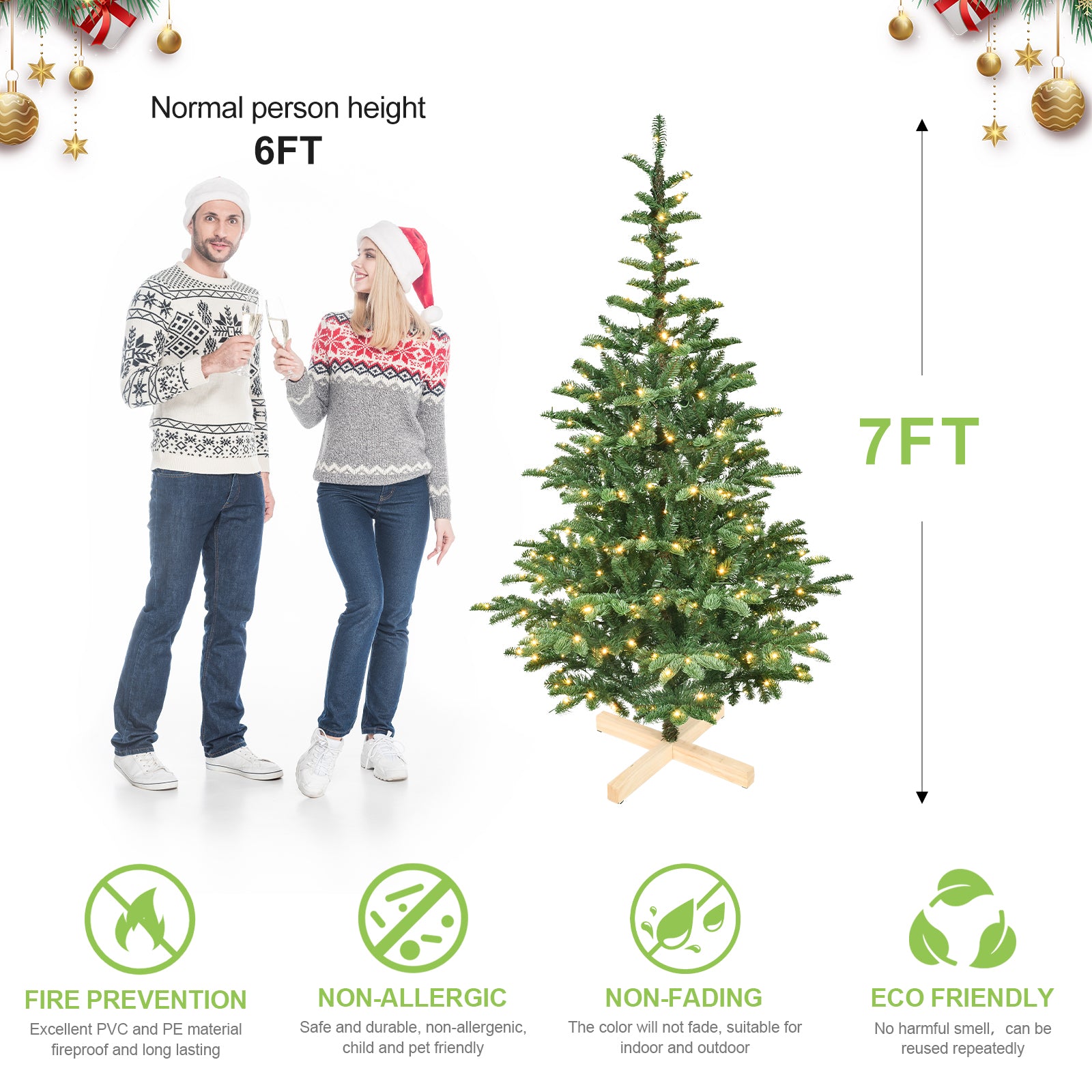 7ft Pre-Lit Christmas Tree with 400 Warm White LED Lights, 941 PE+PVC Tips, Realistic Layered Look, Unique Wooden Base – Full Artificial Holiday Tree for Home Decor