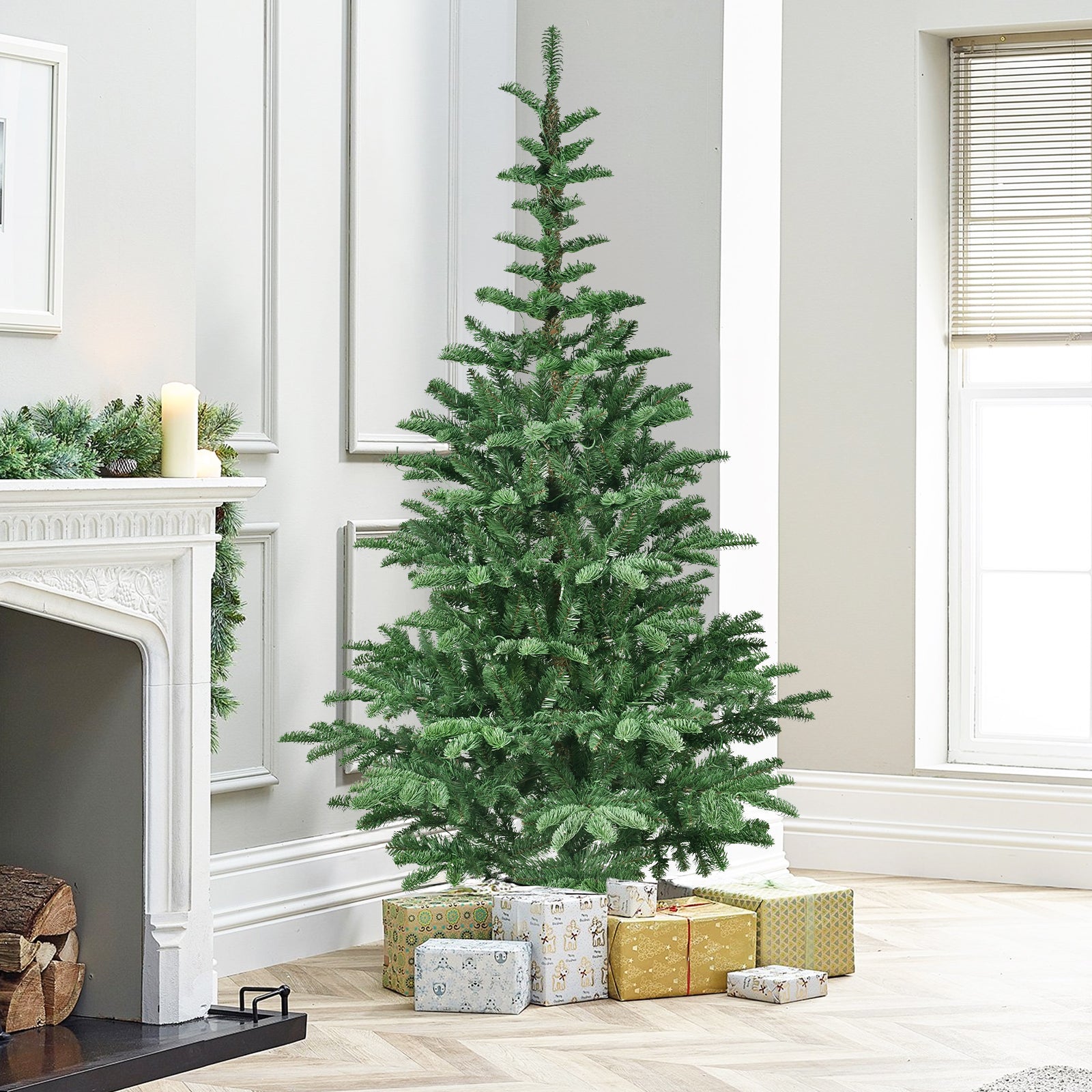 7ft Pre-Lit Christmas Tree with 400 Warm White LED Lights, 941 PE+PVC Tips, Realistic Layered Look, Unique Wooden Base – Full Artificial Holiday Tree for Home Decor