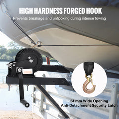 Hand Winch, 1600 lbs Pulling Capacity, Boat Trailer Winch Heavy Duty Rope Crank with 33 ft Polyester Strap and Two-Way Ratchet, Manual Operated Hand Crank Winch for Trailer, Boat or ATV Towing