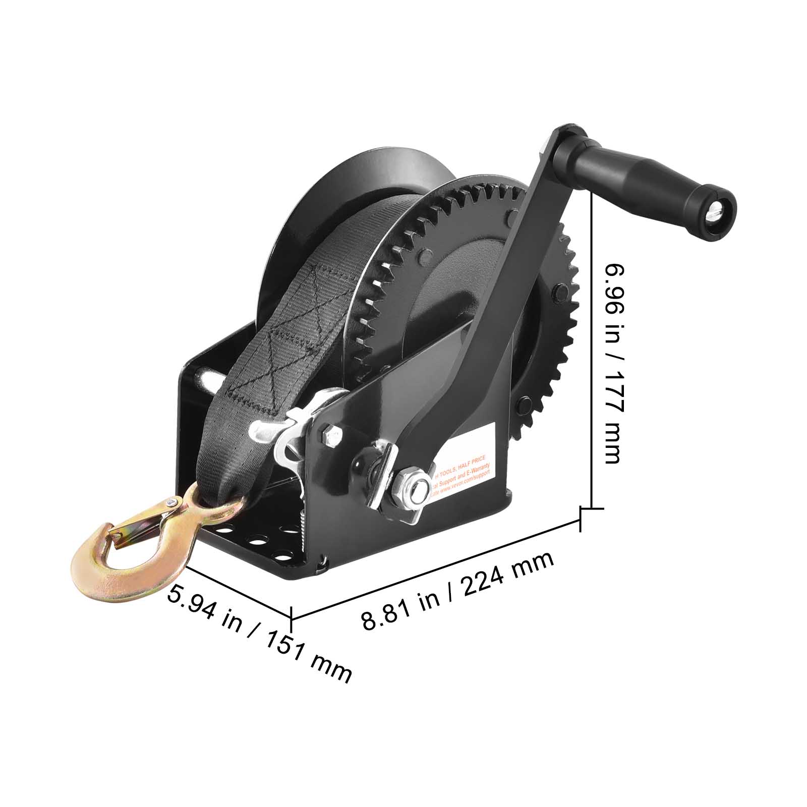 Hand Winch, 1600 lbs Pulling Capacity, Boat Trailer Winch Heavy Duty Rope Crank with 33 ft Polyester Strap and Two-Way Ratchet, Manual Operated Hand Crank Winch for Trailer, Boat or ATV Towing