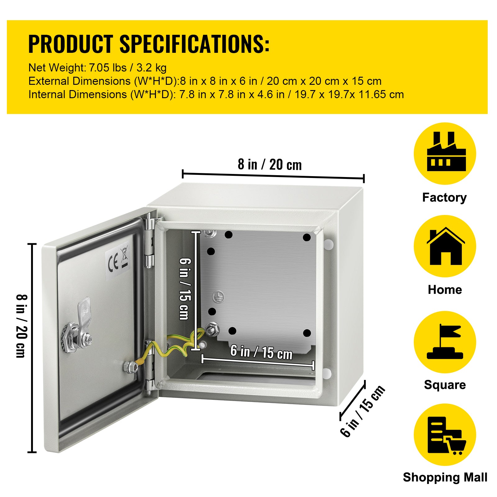 NEMA Steel Enclosure, 8 x 8 x 6'' NEMA 4X Steel Electrical Box, IP66 Waterproof & Dustproof, Outdoor / Indoor Electrical Junction Box