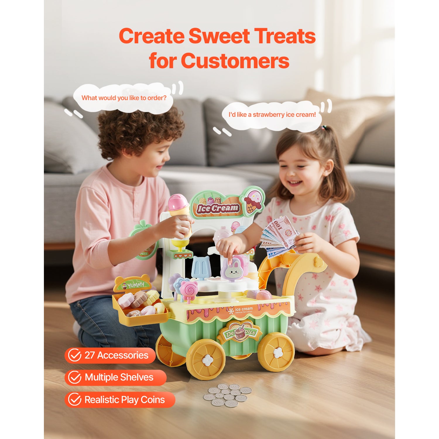 Ice Cream Cart for Kids Pretend Play Ice Cream Shop for Kids Aged 3+