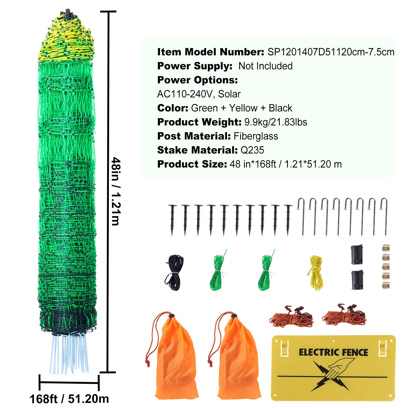 Electric Fence Netting, 48" H x 168' L, PE Net Fencing Kit with Posts & Double-Spiked Stakes, Utility Portable Mesh for Chickens, Ducks, Geese, Rabbits, Used in Backyards, Farms, and Ranches