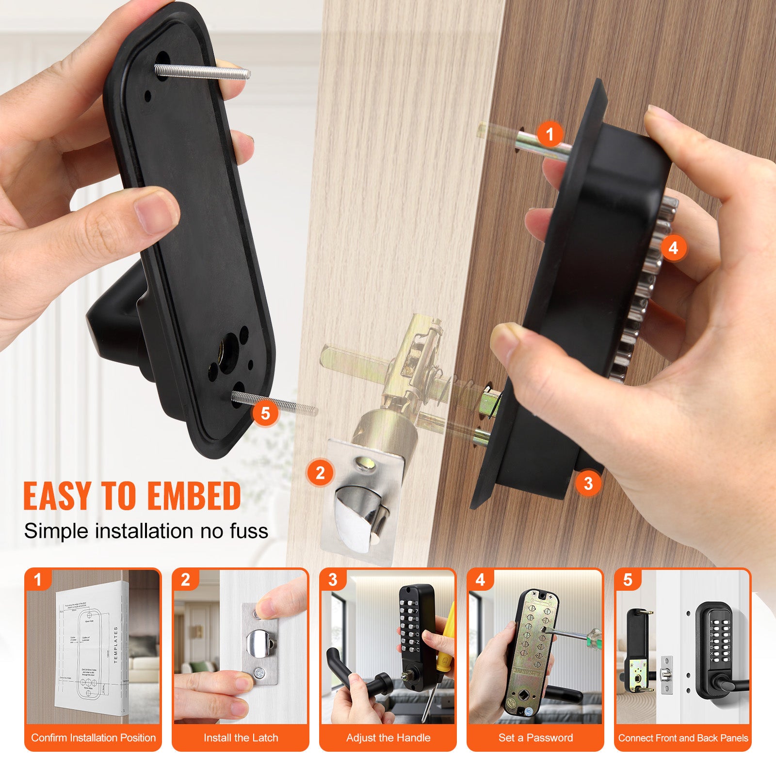 Mechanical Keyless Entry Door Lock, 14 Digit Keypad, Embedded Outdoor Gate Door Locks Set with Keypad and Handle, Water-proof Zinc Alloy, Easy to Install, for Garden, Garage, Yard, Storage Shed