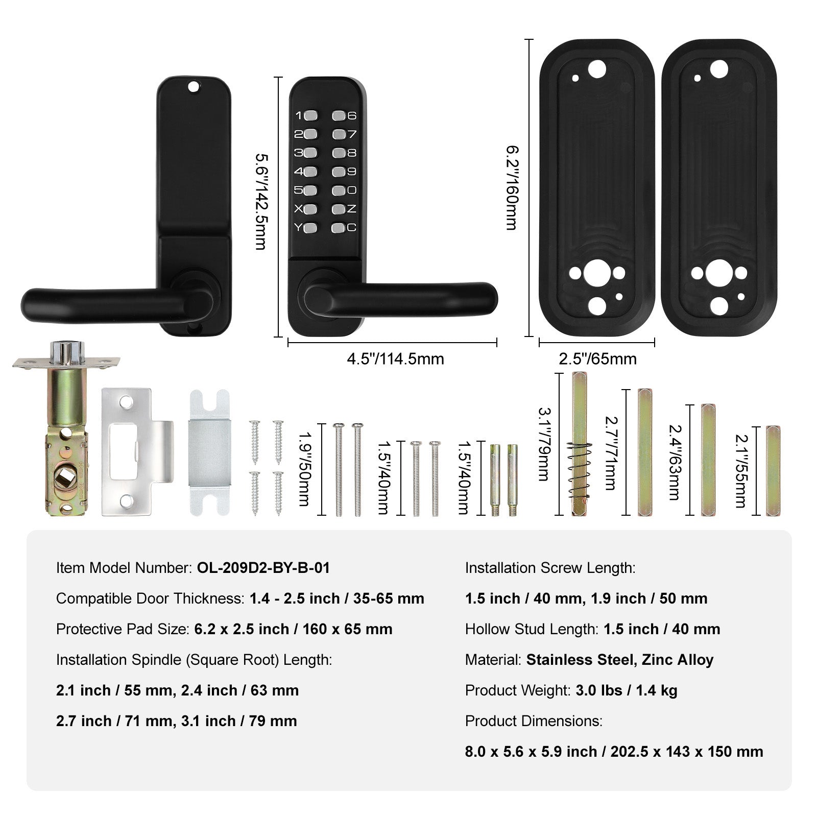 Mechanical Keyless Entry Door Lock, 14 Digit Keypad, Embedded Outdoor Gate Door Locks Set with Keypad and Handle, Water-proof Zinc Alloy, Easy to Install, for Garden, Garage, Yard, Storage Shed