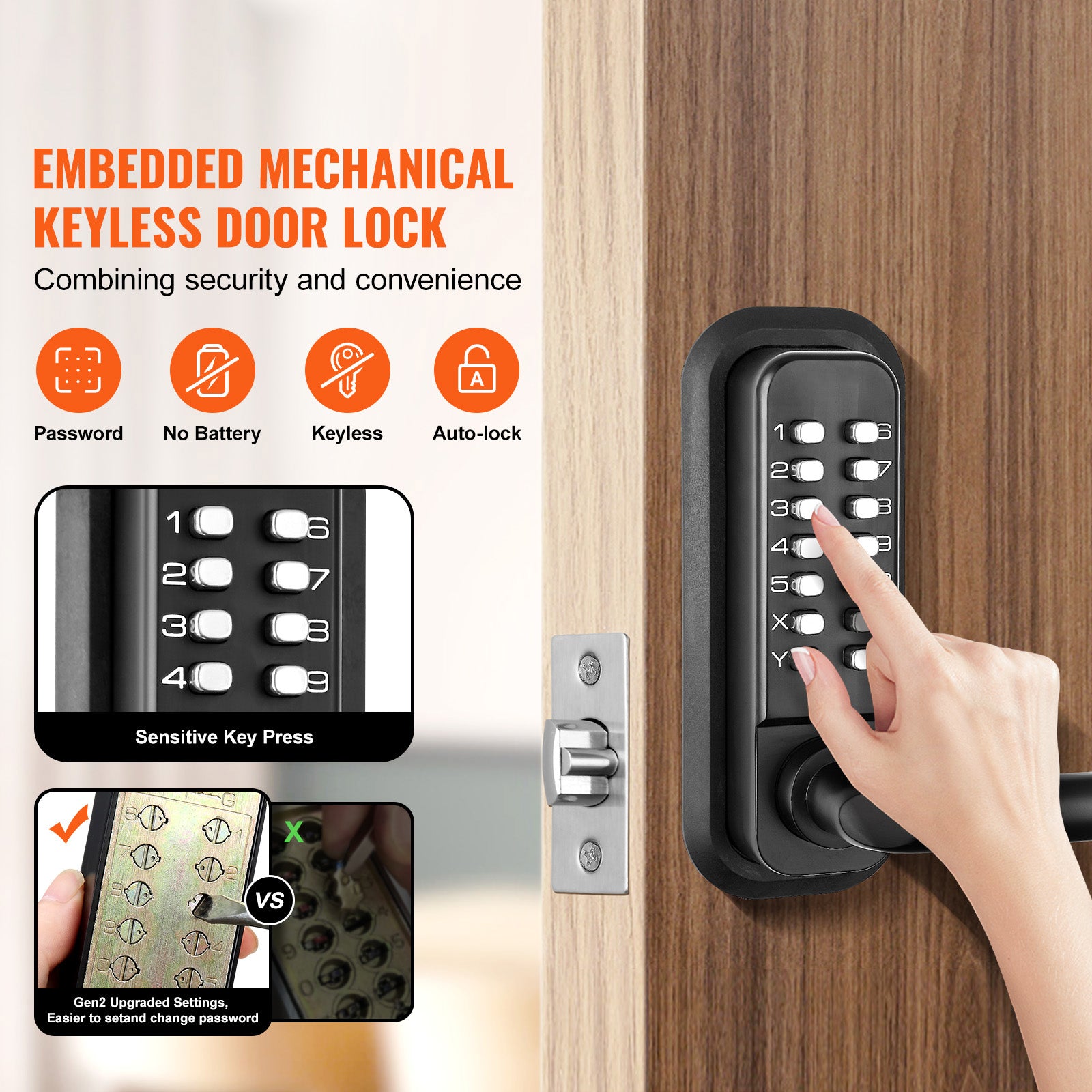 Mechanical Keyless Entry Door Lock, 14 Digit Keypad, Embedded Outdoor Gate Door Locks Set with Keypad and Handle, Water-proof Zinc Alloy, Easy to Install, for Garden, Garage, Yard, Storage Shed