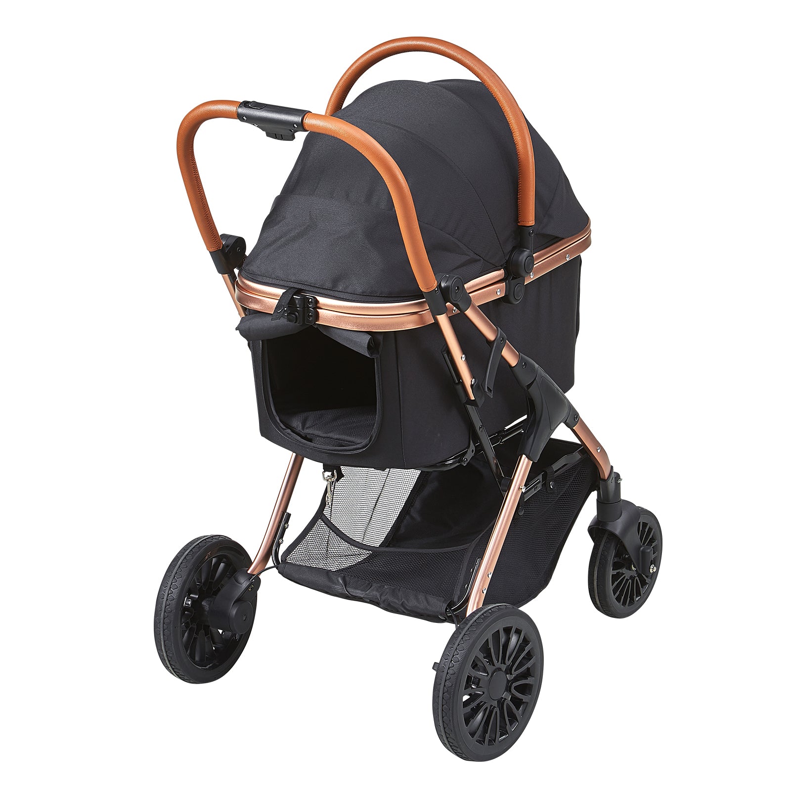 Pet Stroller, 4 Wheels Dog Stroller Rotate with Brakes, 66 lbs Weight Capacity, Puppy Stroller with Detachable Carrier, Storage Basket and Pet Pad, for Small to Medium Sized Dogs, Black